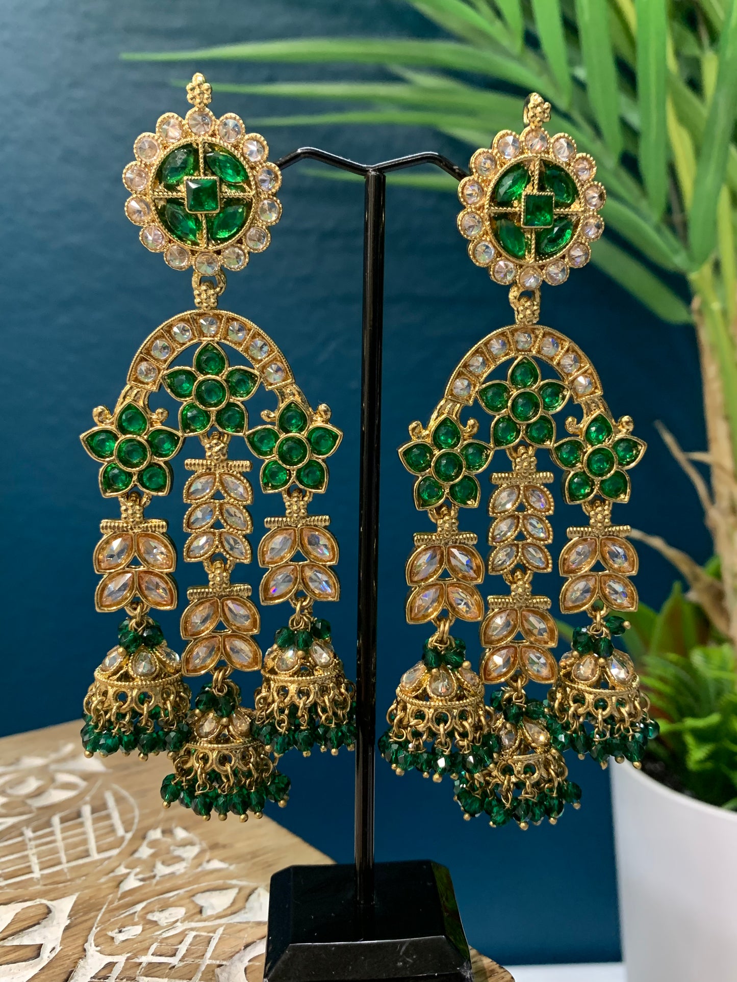 Mansa reverse polki triple Jhumki in emerald green