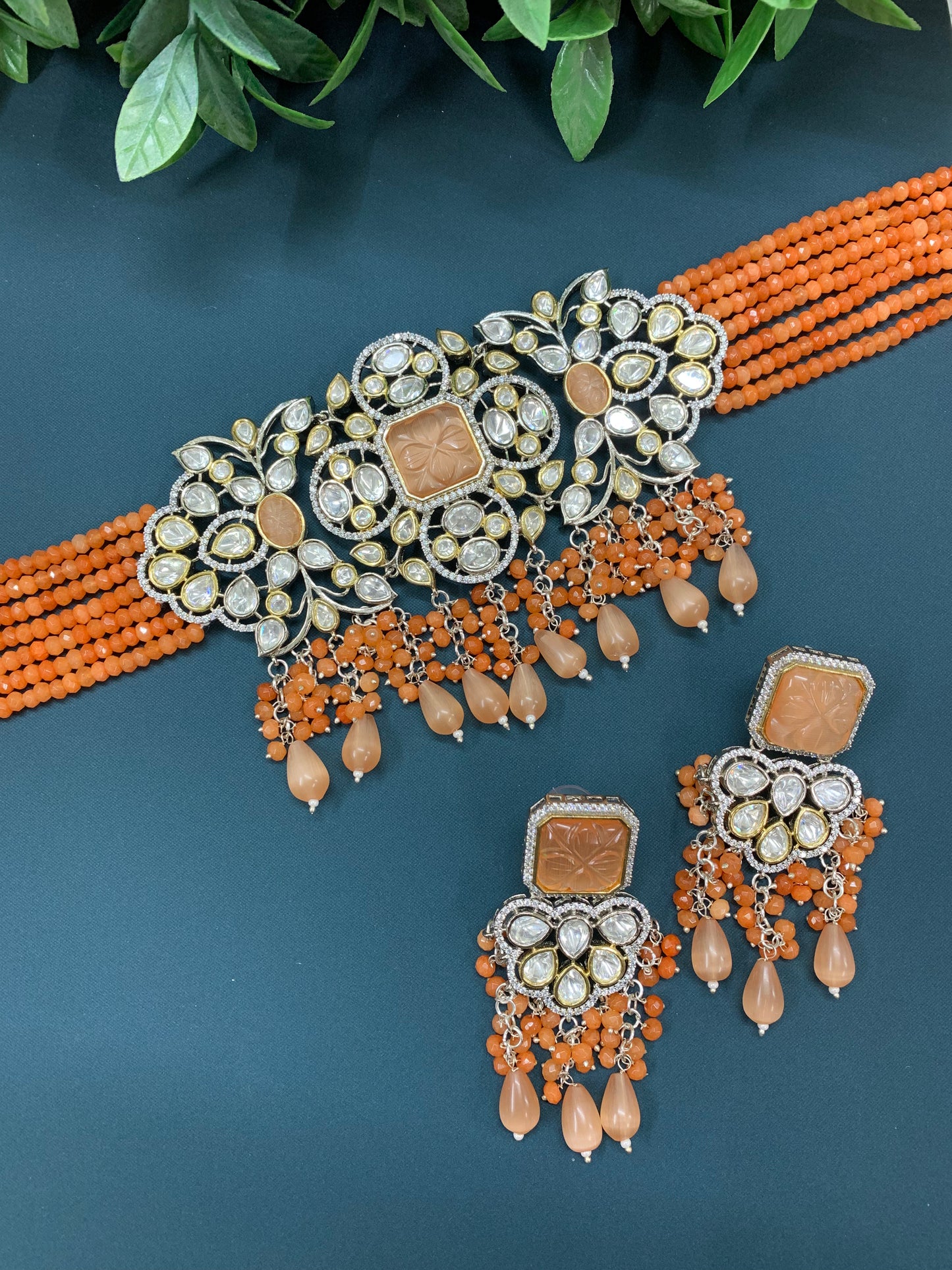 Subrina Tyanni kundan choker in Fanta orange