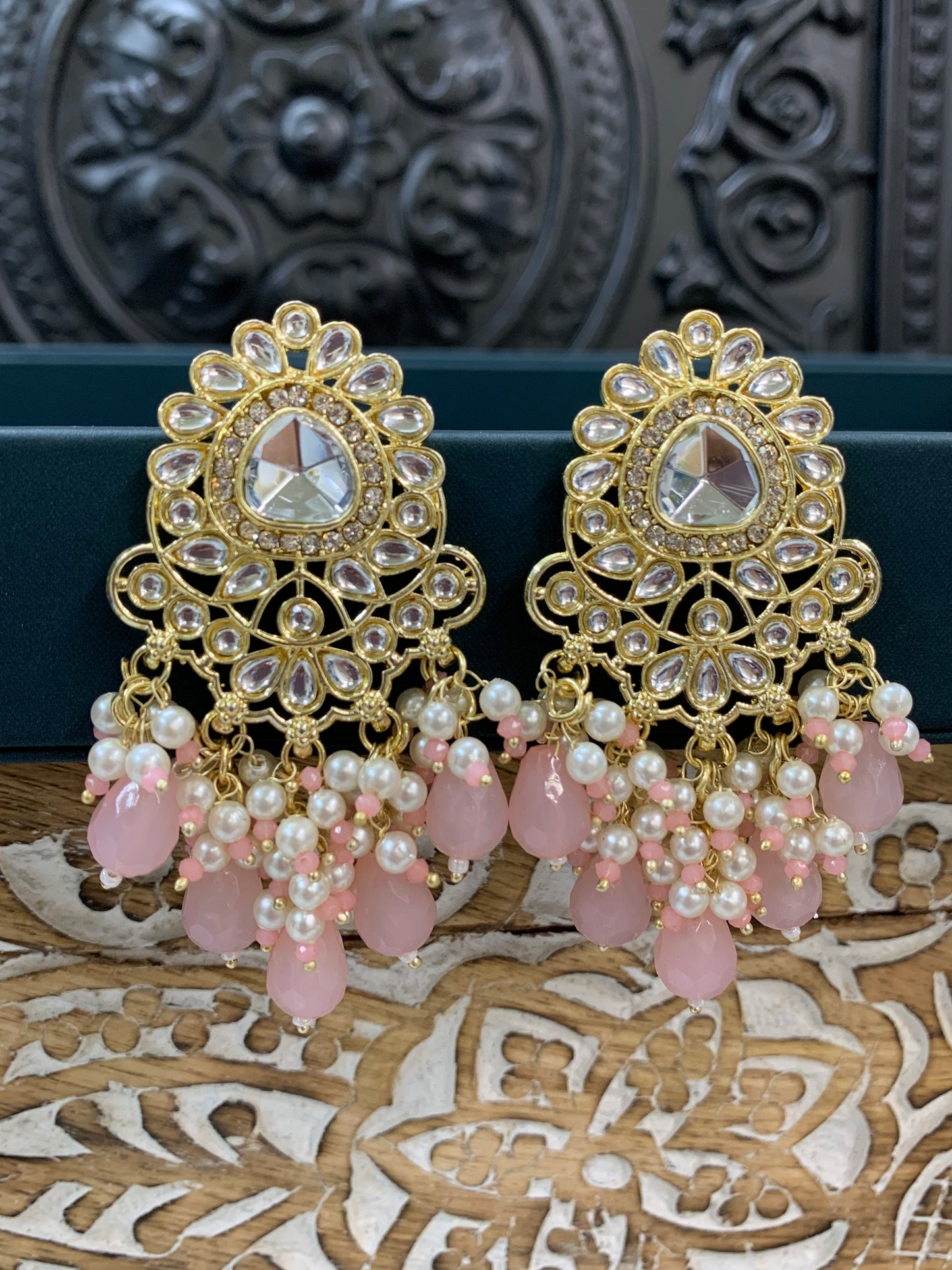 Joel gold kundan stud earring with white pearl and blueh pink crystal