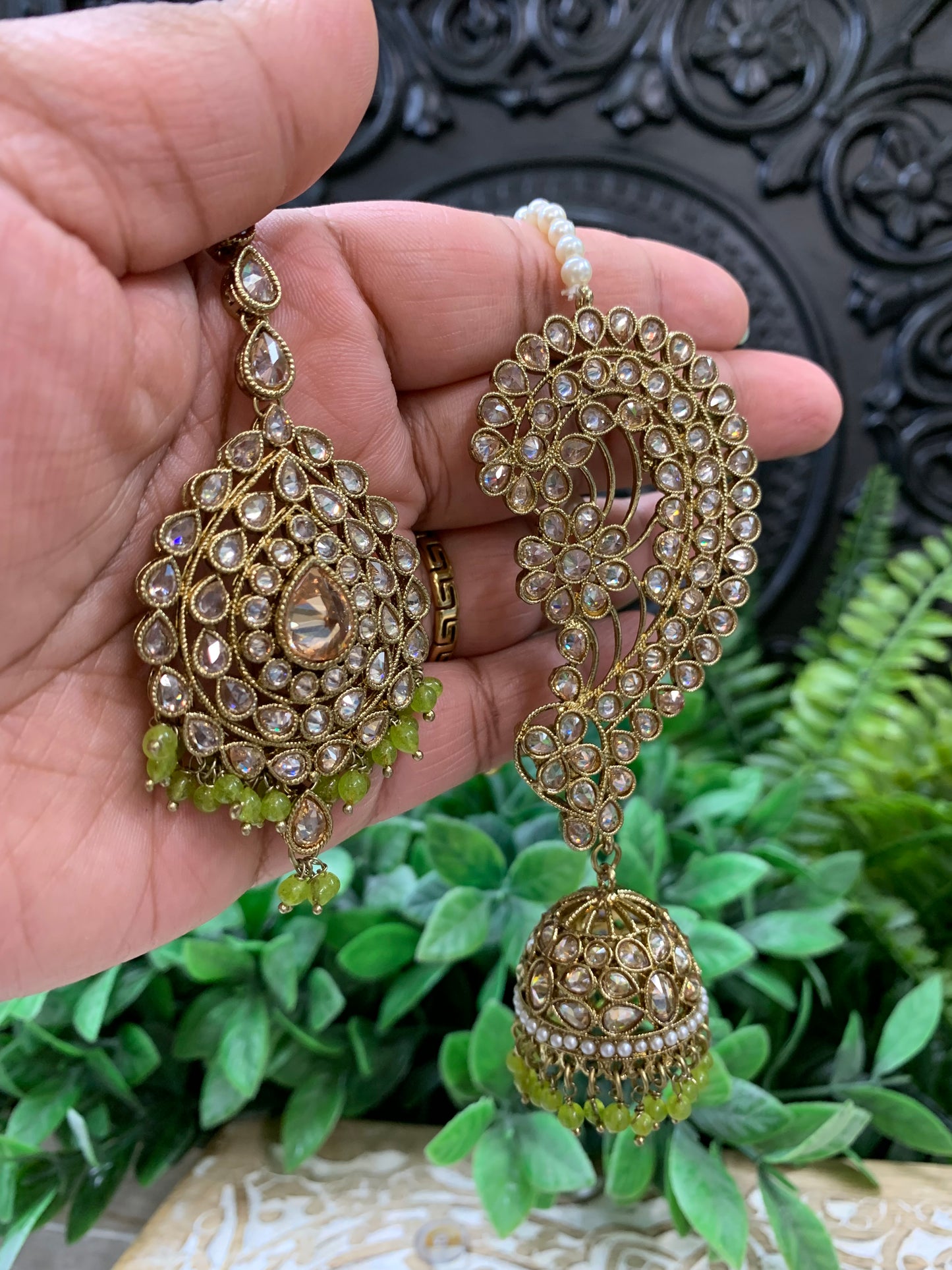 Jacklyn over the ear earring tikka jhumki sahare set Apple green