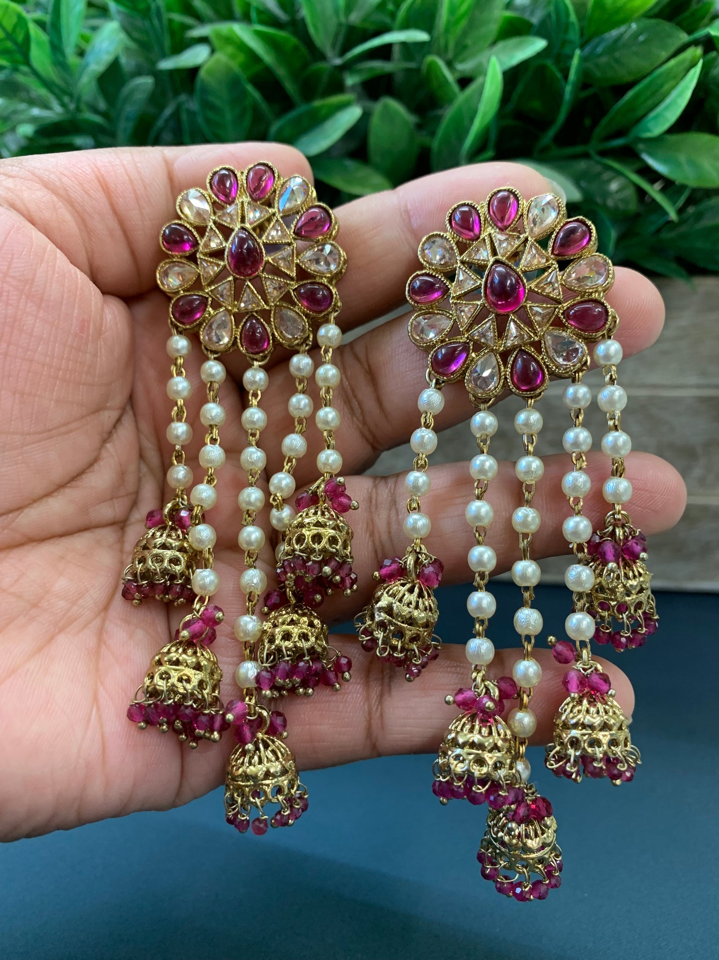 Kajal polki jhumki earring antique polk/ gold /maroon red/ burgundy