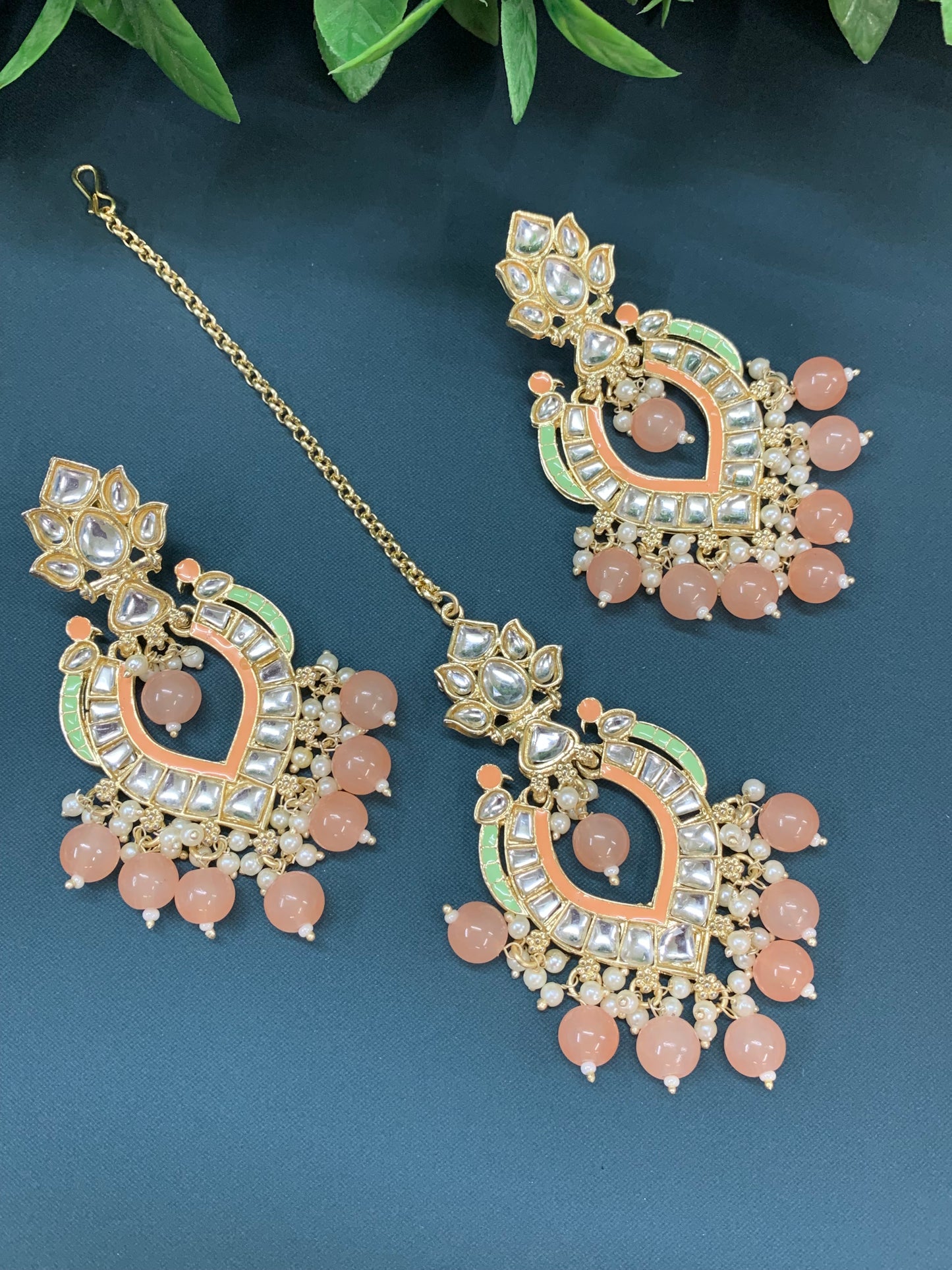 Amber kundan light weight earring tikka set nude peach