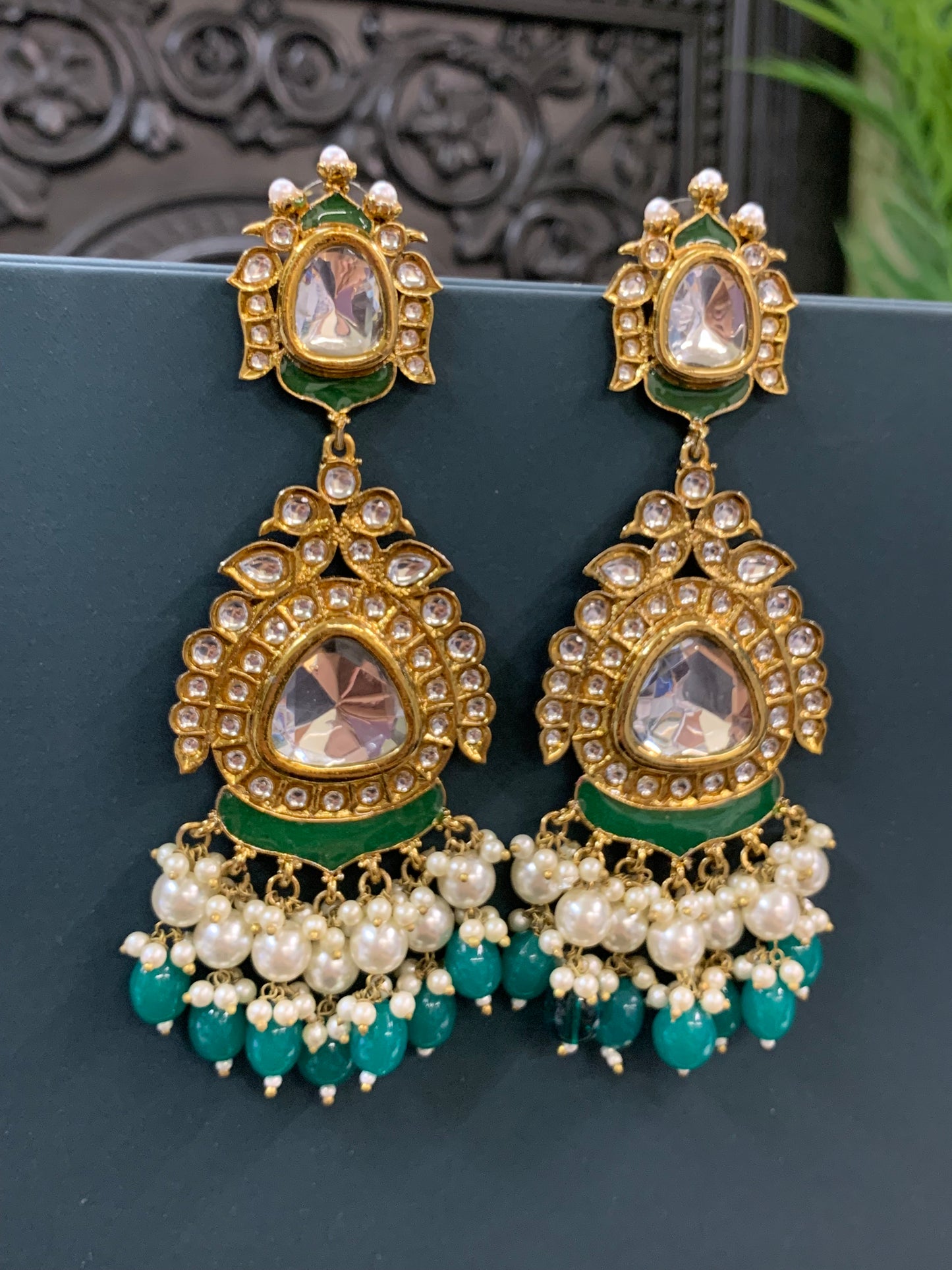 Kim kundan statement fashion earring emerald green