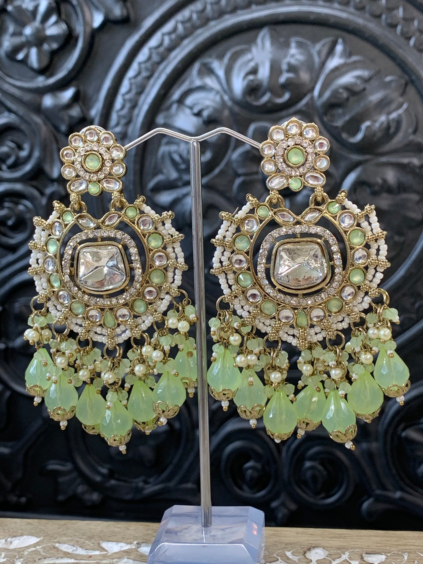 Isabella statement kundan chandbali fashion earring mint green