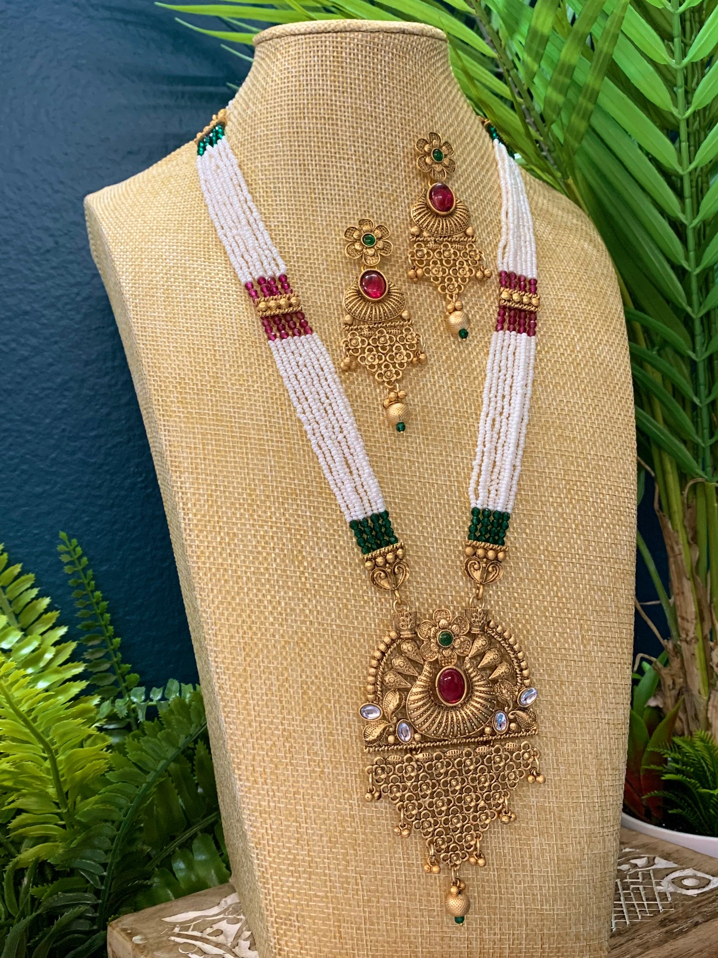 Avantika kundan temple mala set with crystal and pota stone work