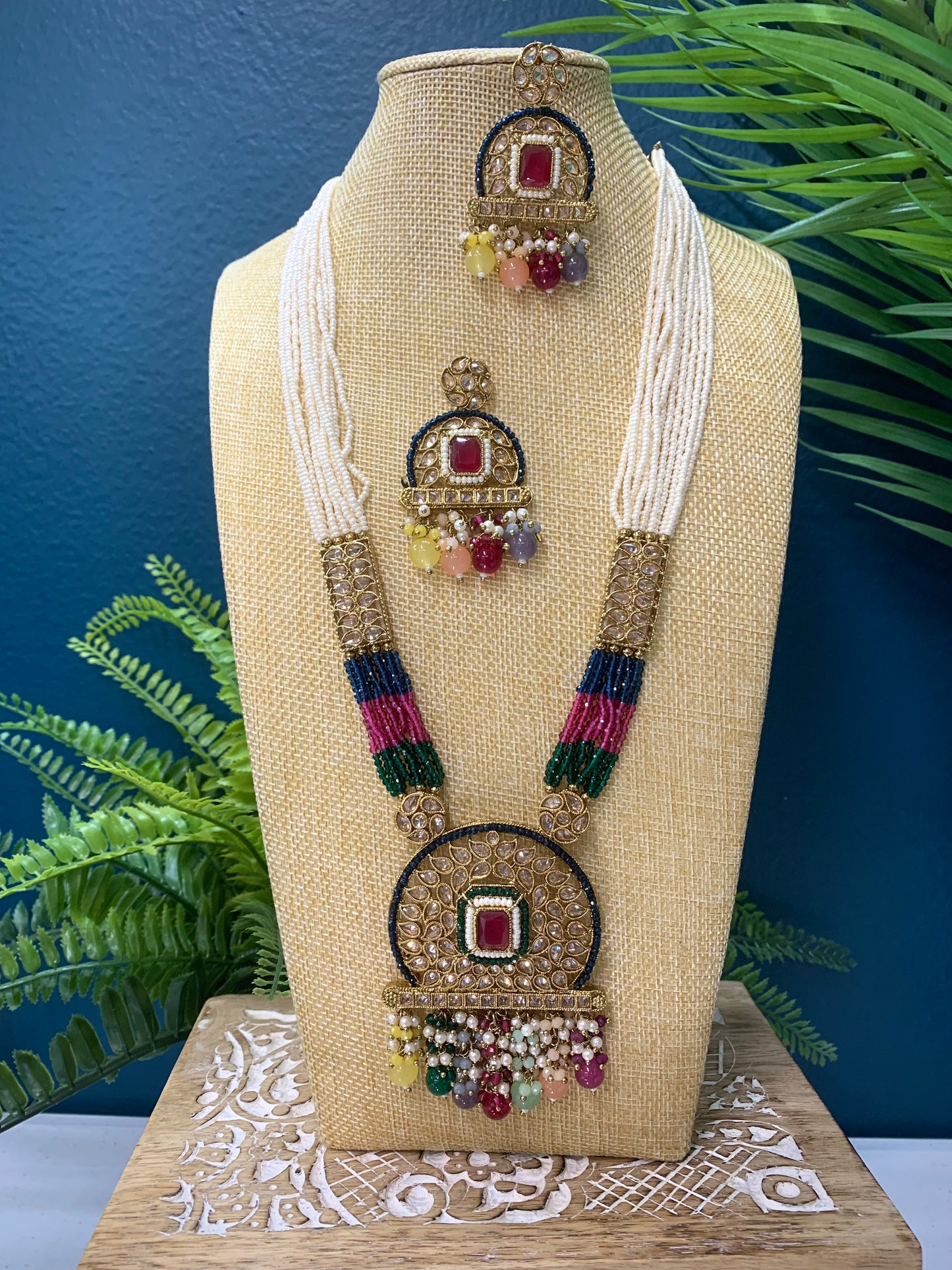 Sanju polki long mala set antique polki white multi