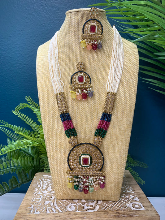 Sanju polki long mala set antique polki white multi