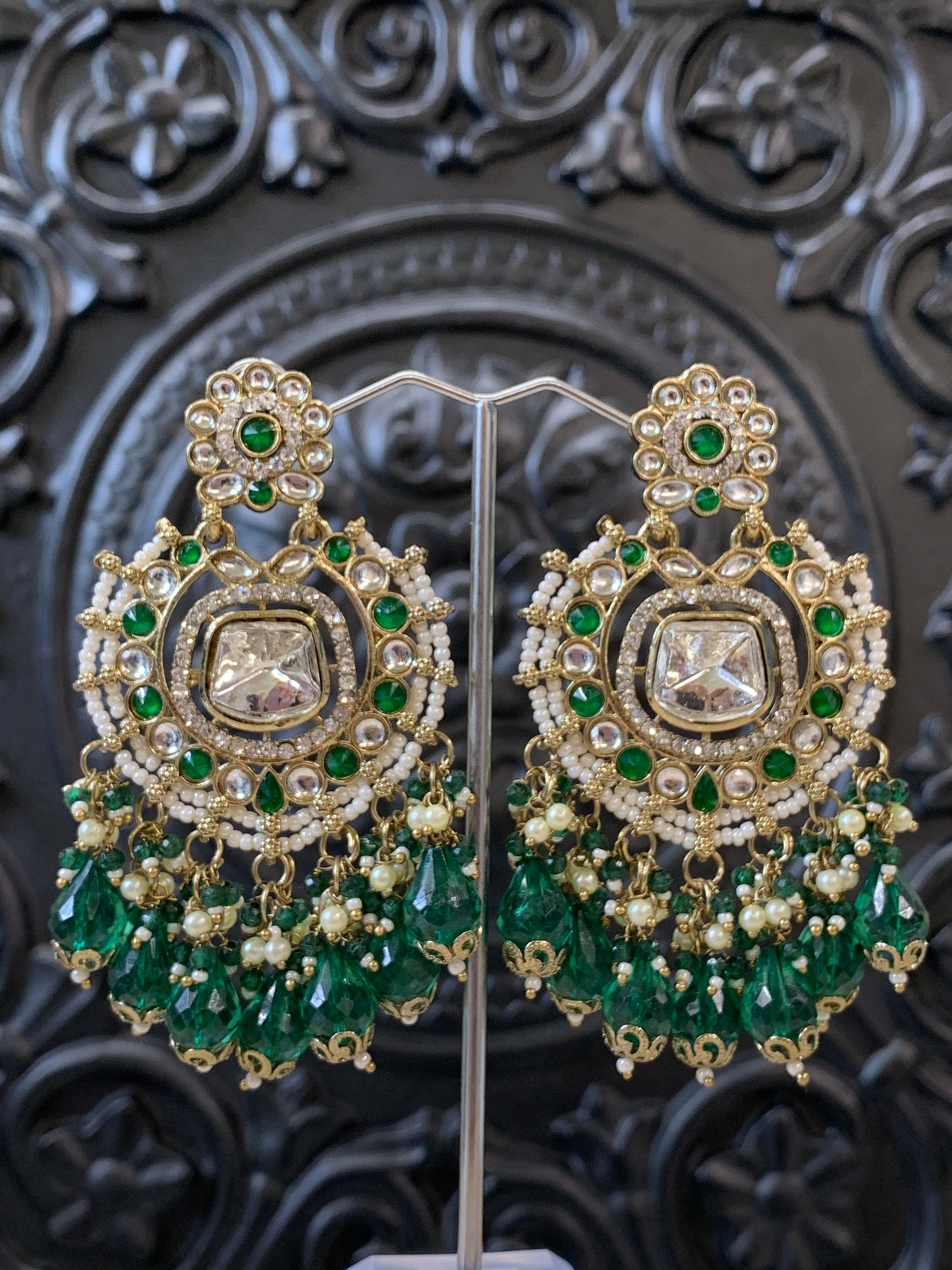 Isabella statement kundan chandbali fashion earring emerald green dark green