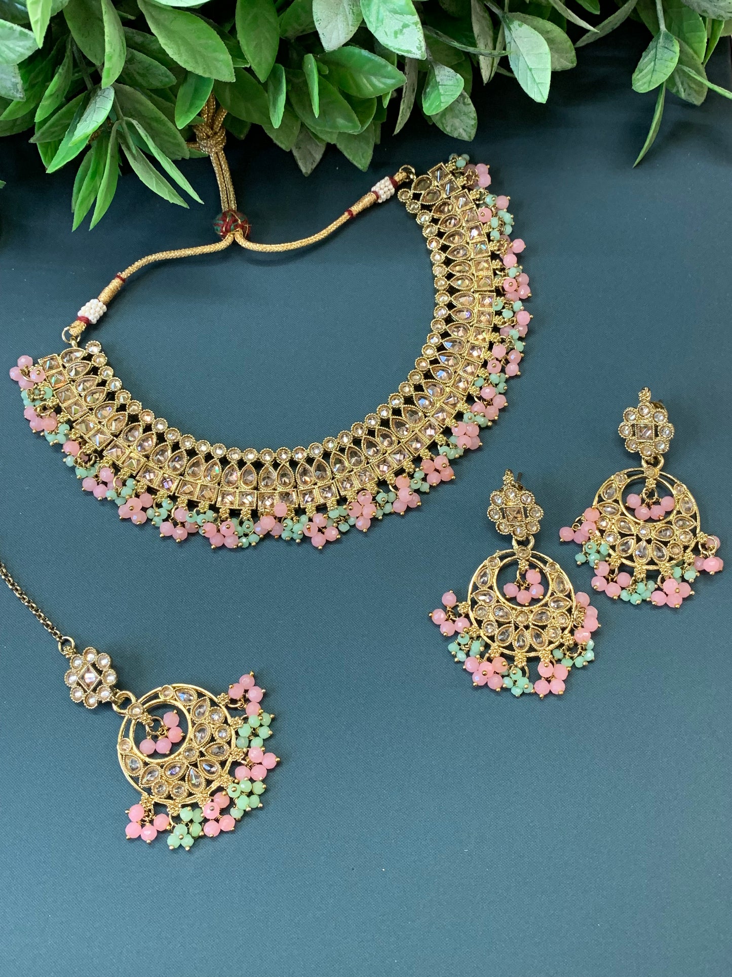 Rashmeet polki necklace with matching earring tikka antique gold pastel multi