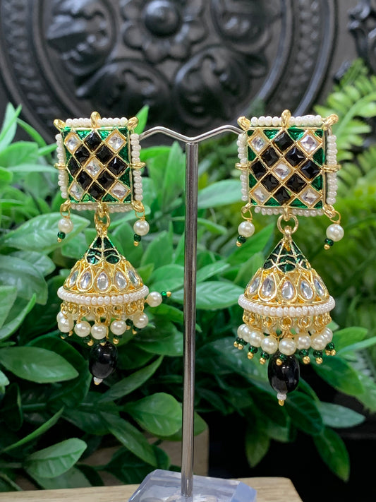 Saru kundan jhumki everyday wear small lightweight black / green