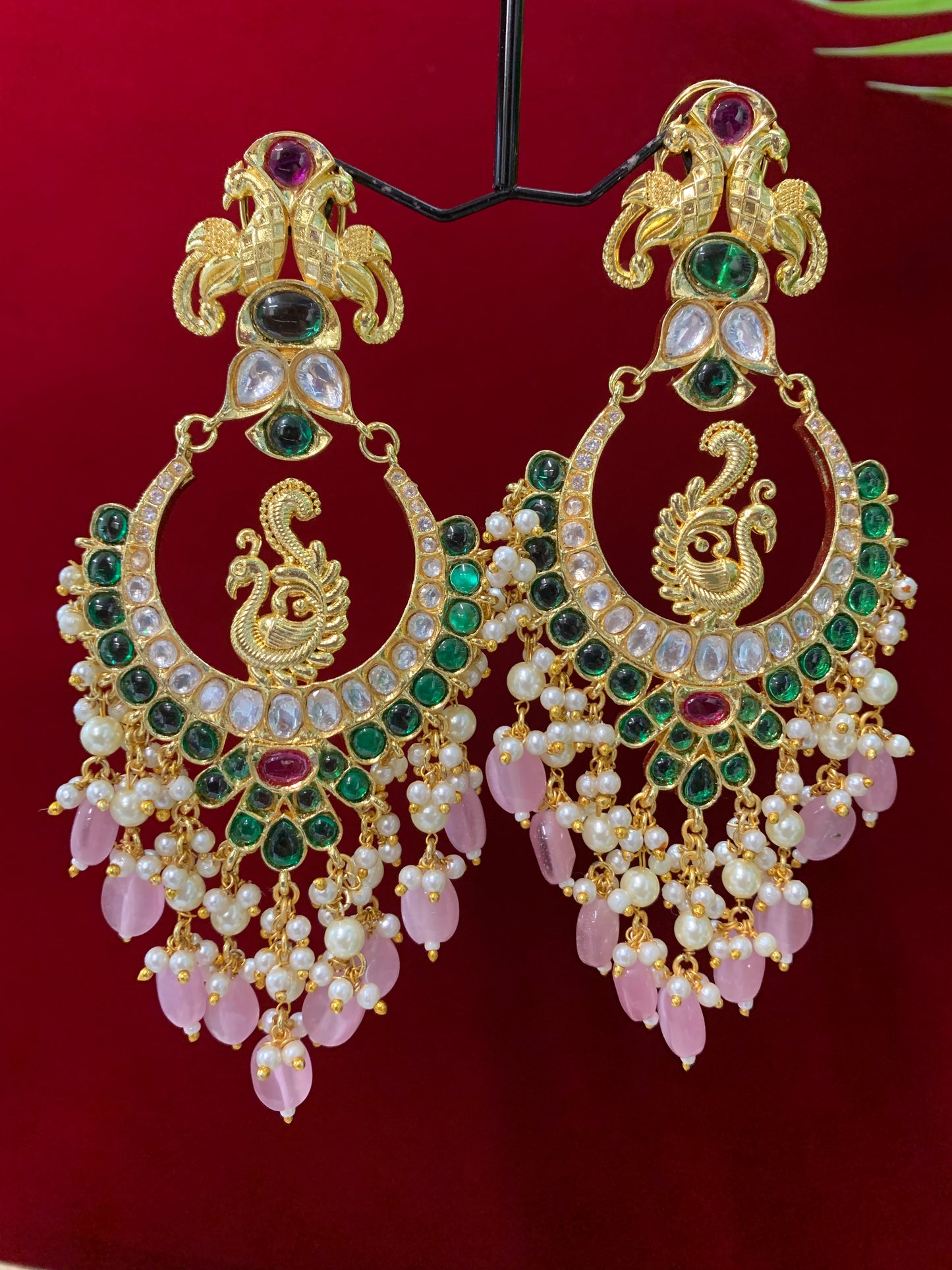 Ava Kundan chandbali earring multi with pink glass drops