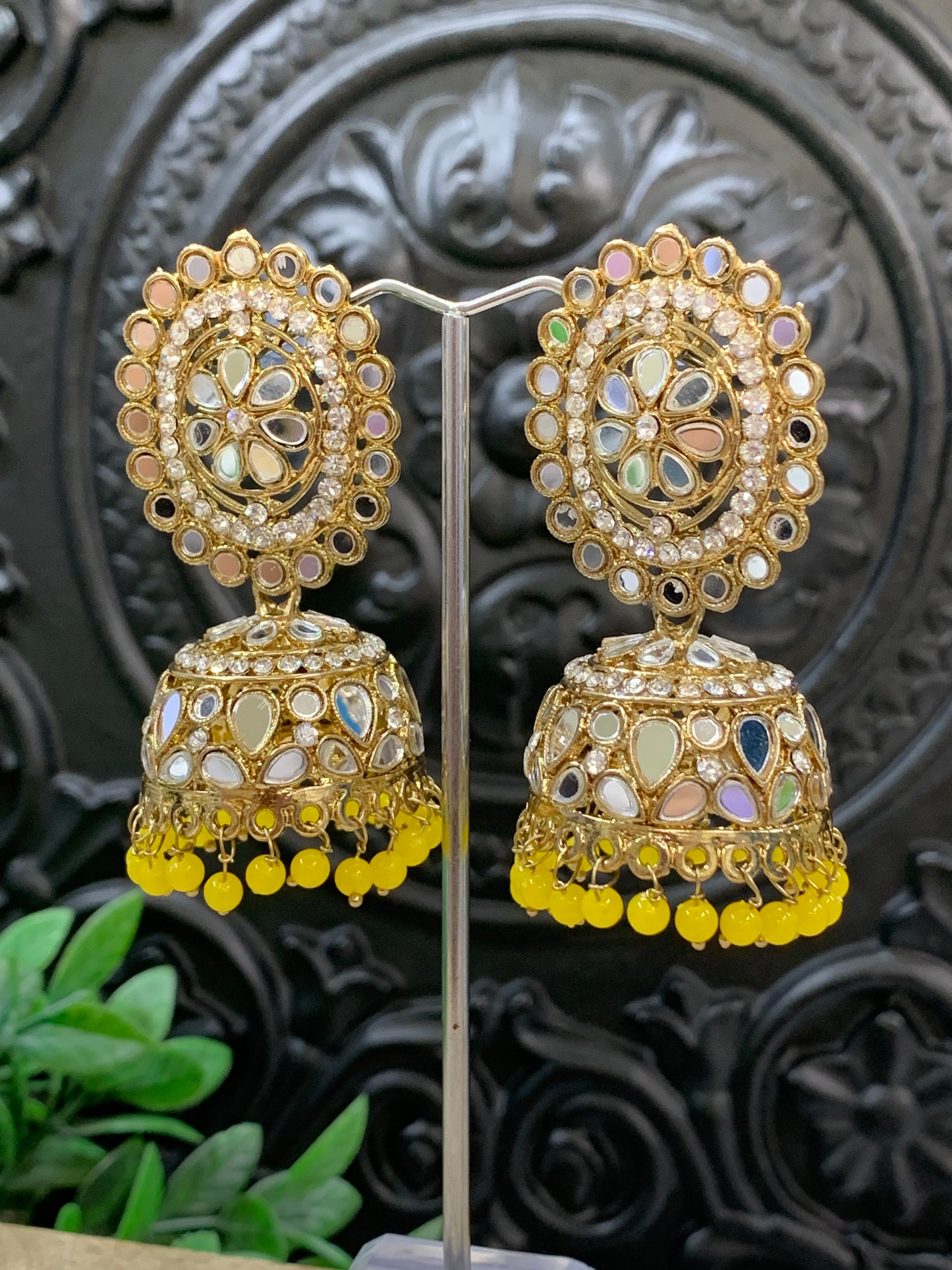 Kate mirror jhumki tikka antique gold and pastel yellow