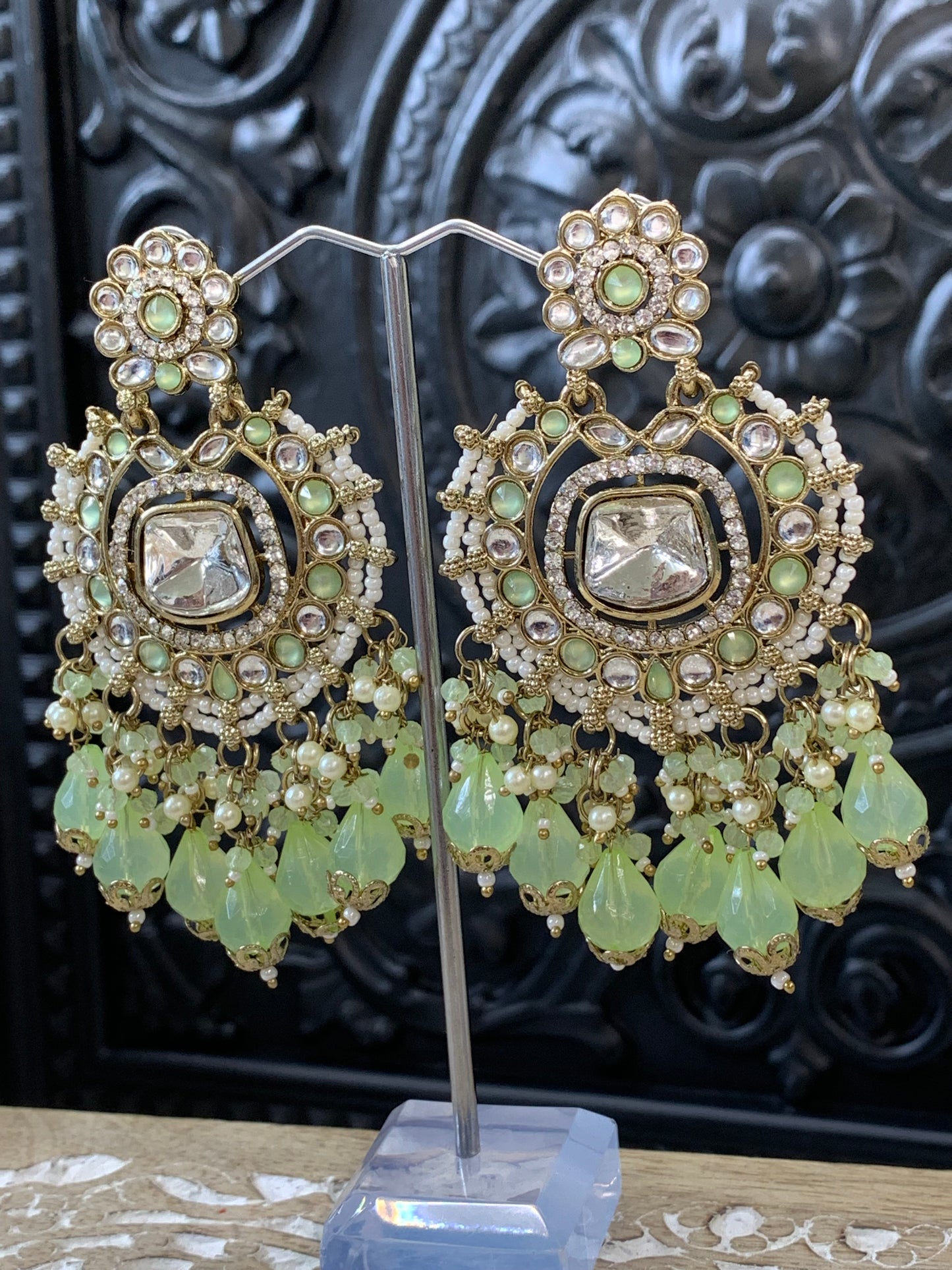 Isabella statement kundan chandbali fashion earring mint green
