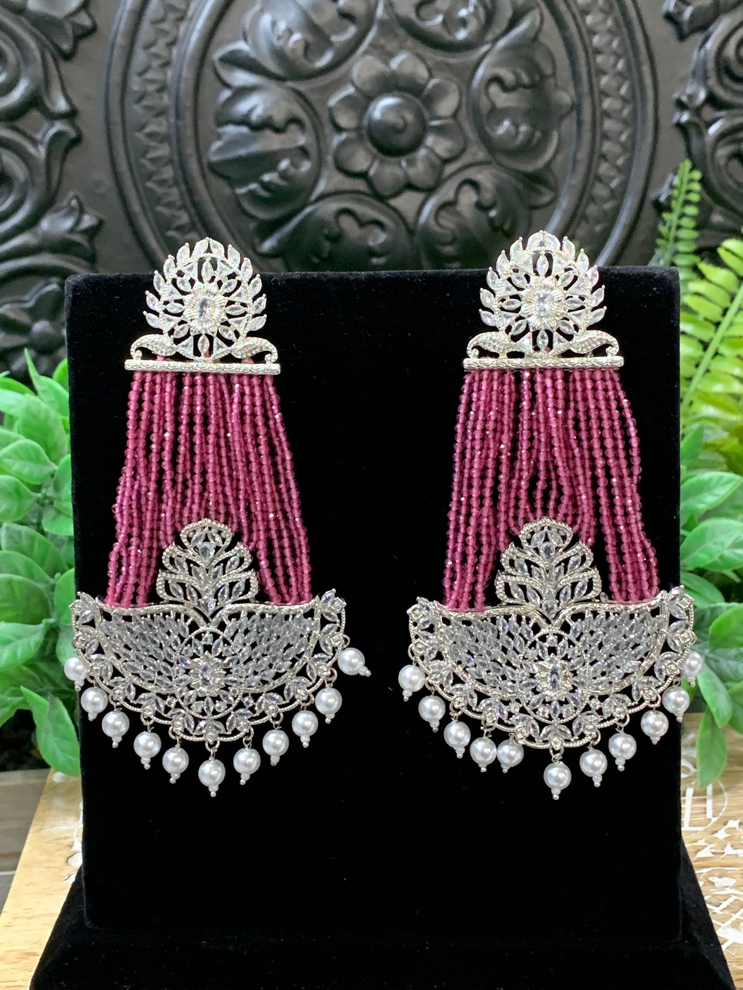 Sage polki fashion statement earring silver pink