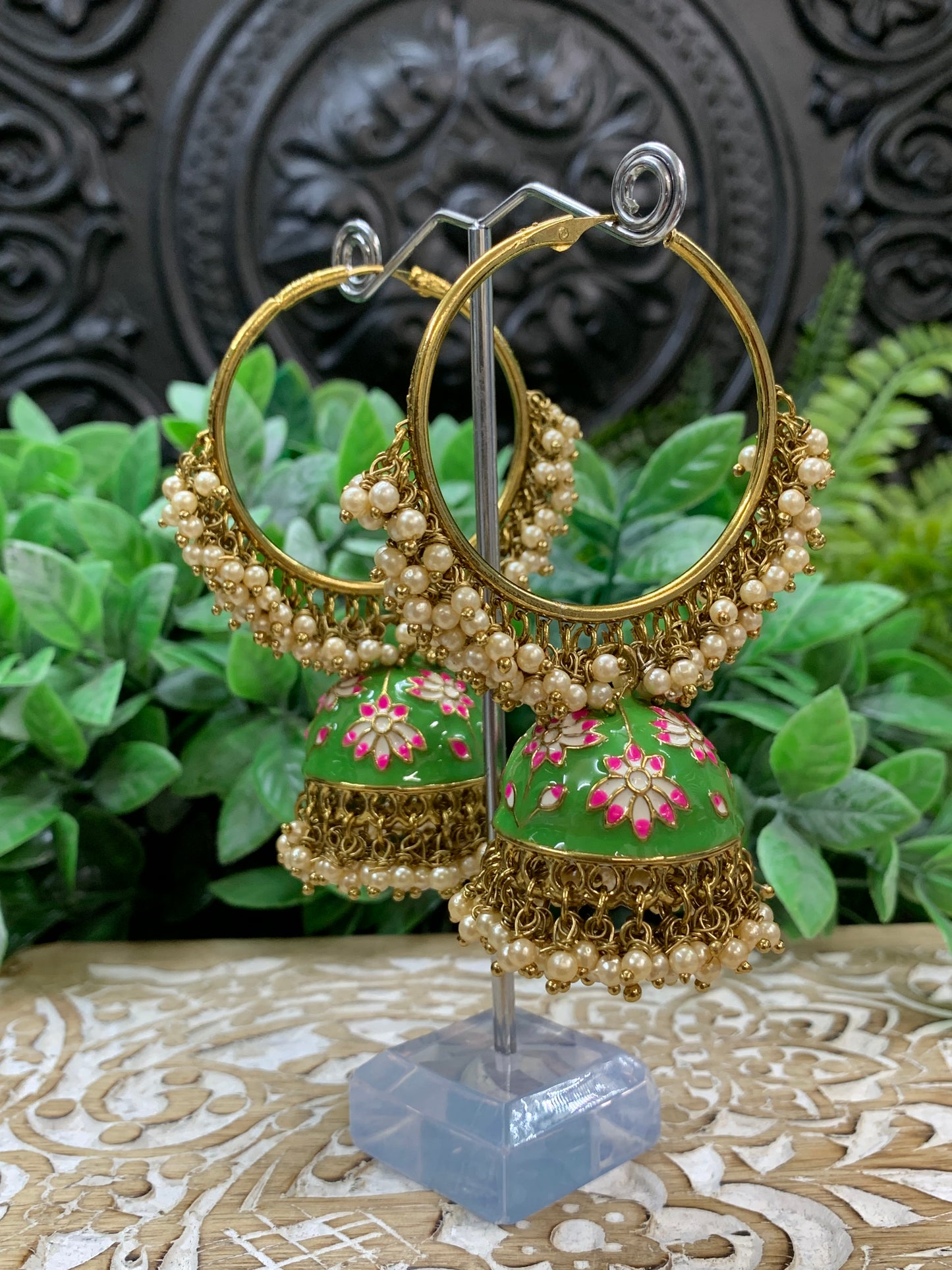 Blossom hoop Bali jhumki with pearl green