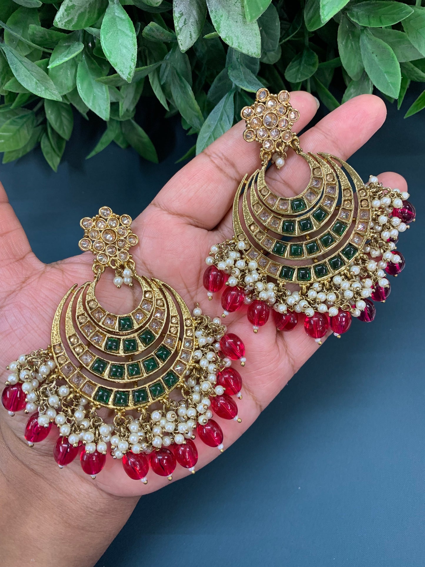 Bloom polki chandbali earring antique/ emerald green/ red