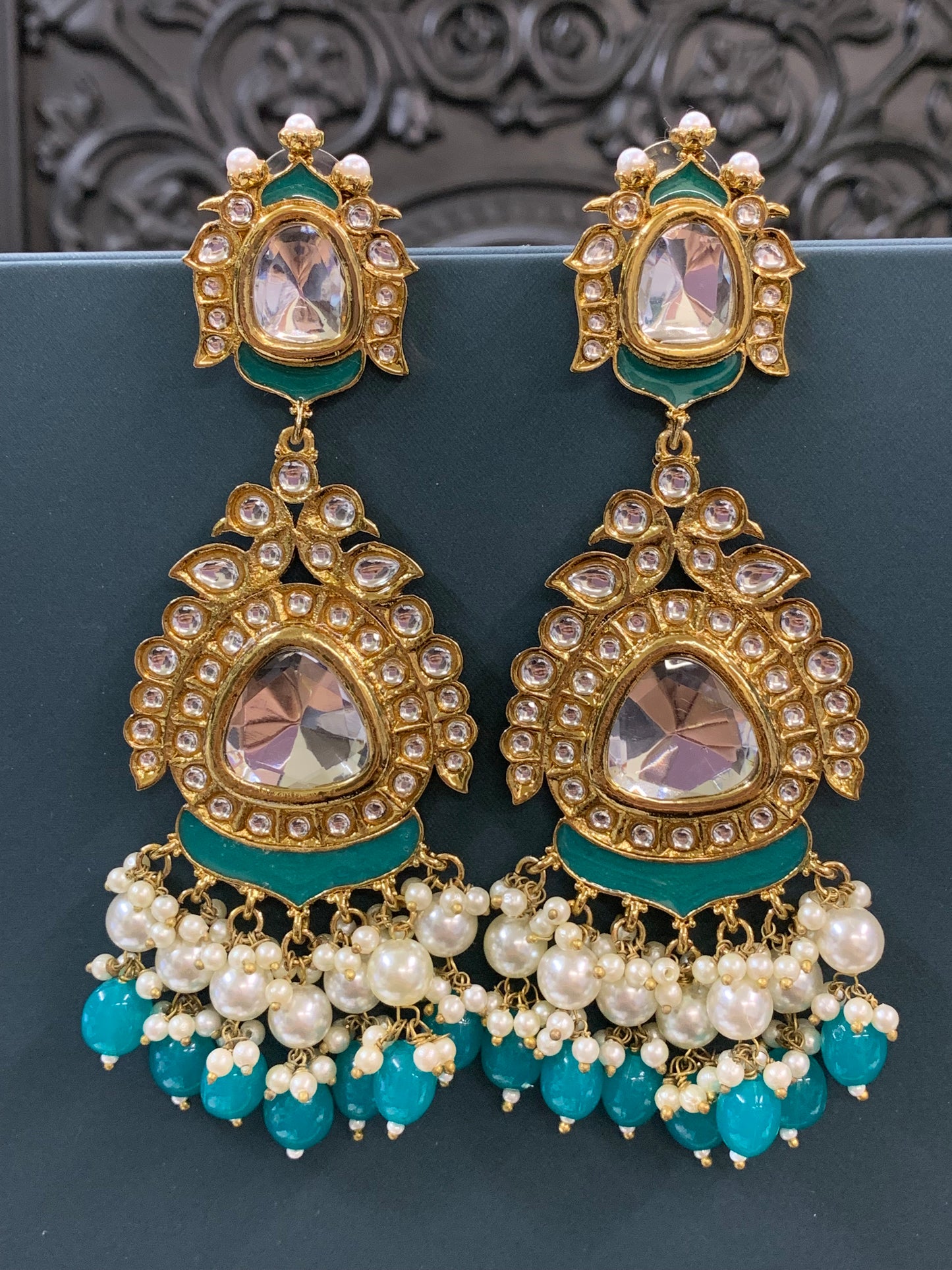 Kim kundan statement fashion earring teal green