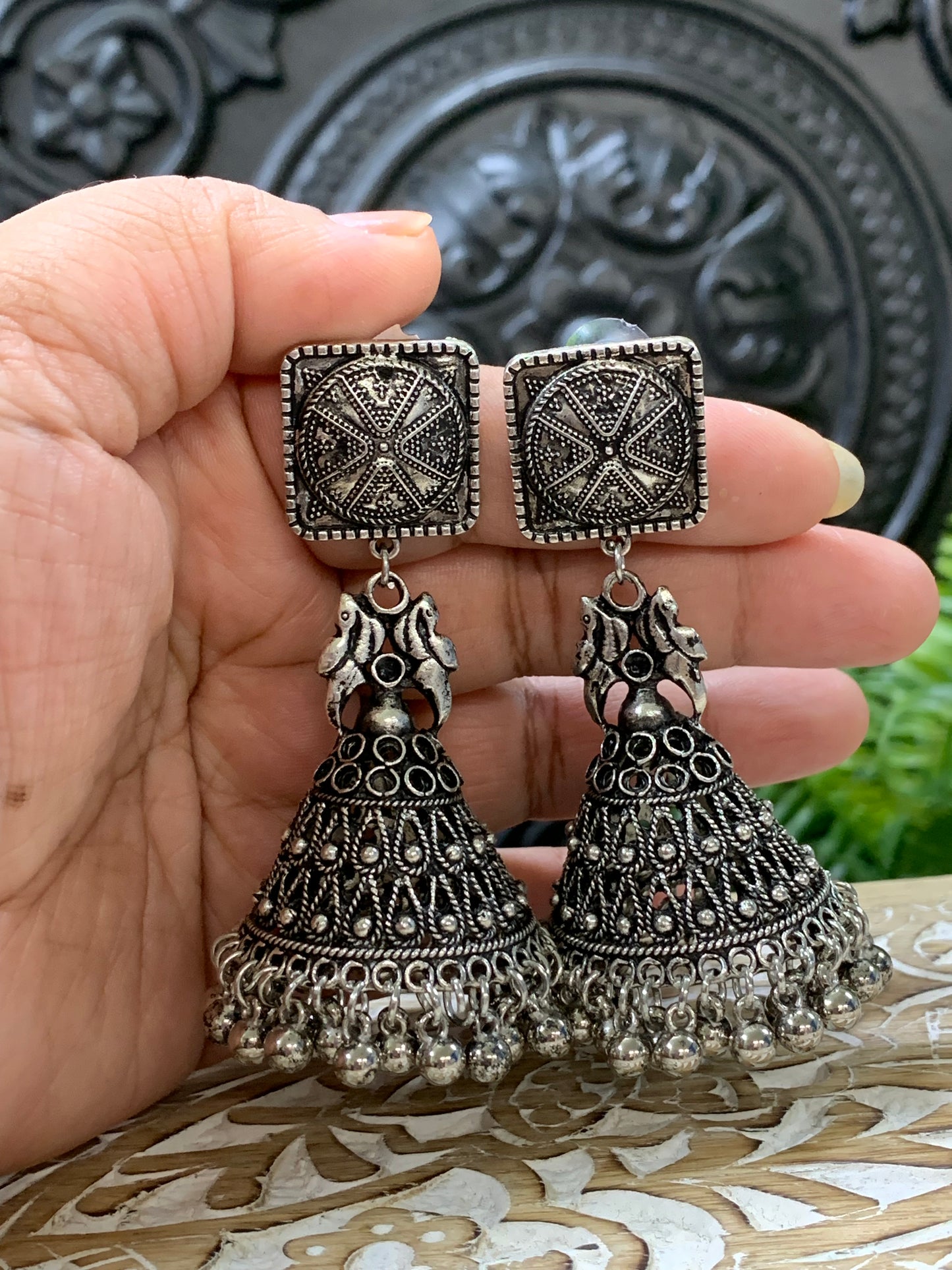 Black metal oxi German silver jhumki earring