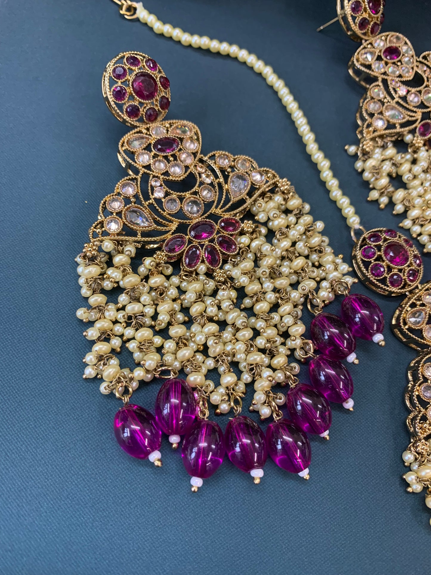 Cara statement polki earring tikka set pearl details and purple