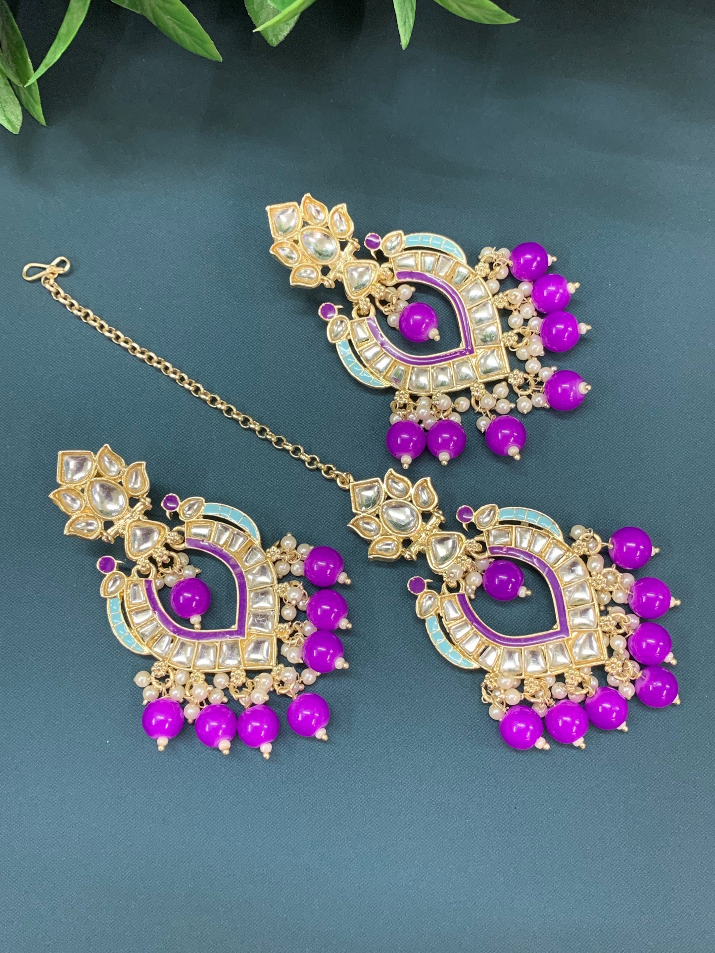 Amber kundan light weight earring tikka set purple