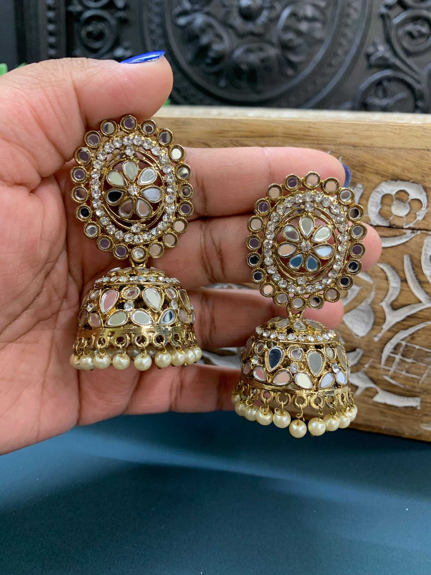Kate mirror jhumki tikka antique gold and pearl