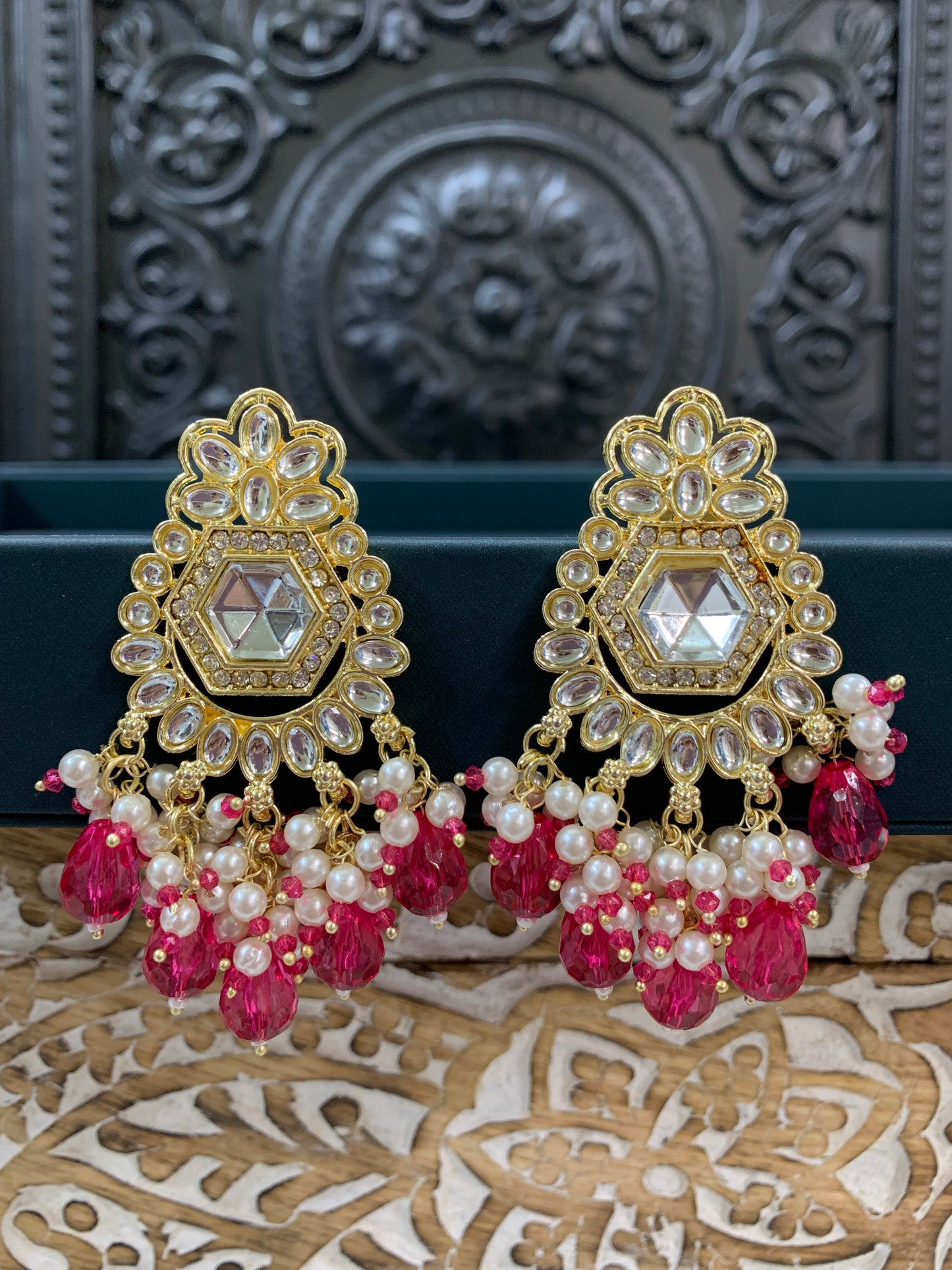 Jill gold kundan stud earring with crystal drops hot pink /magenta