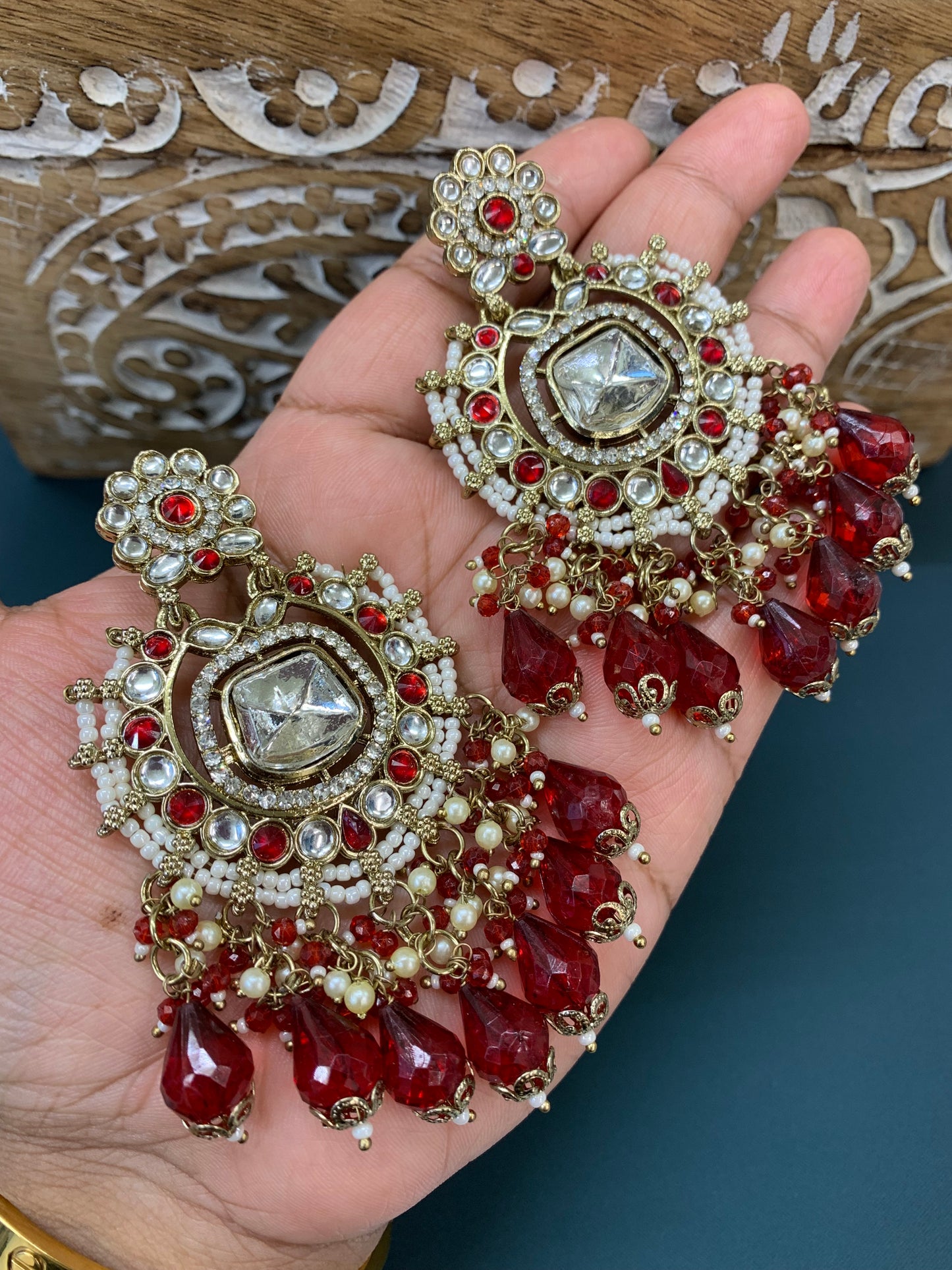Isabella statement kundan chandbali fashion earring red maroon burgundy