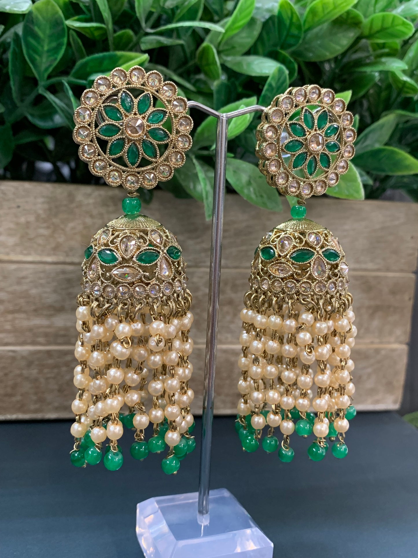 Mohua polki statement jhumki earring antique polki/emerald green/pearl