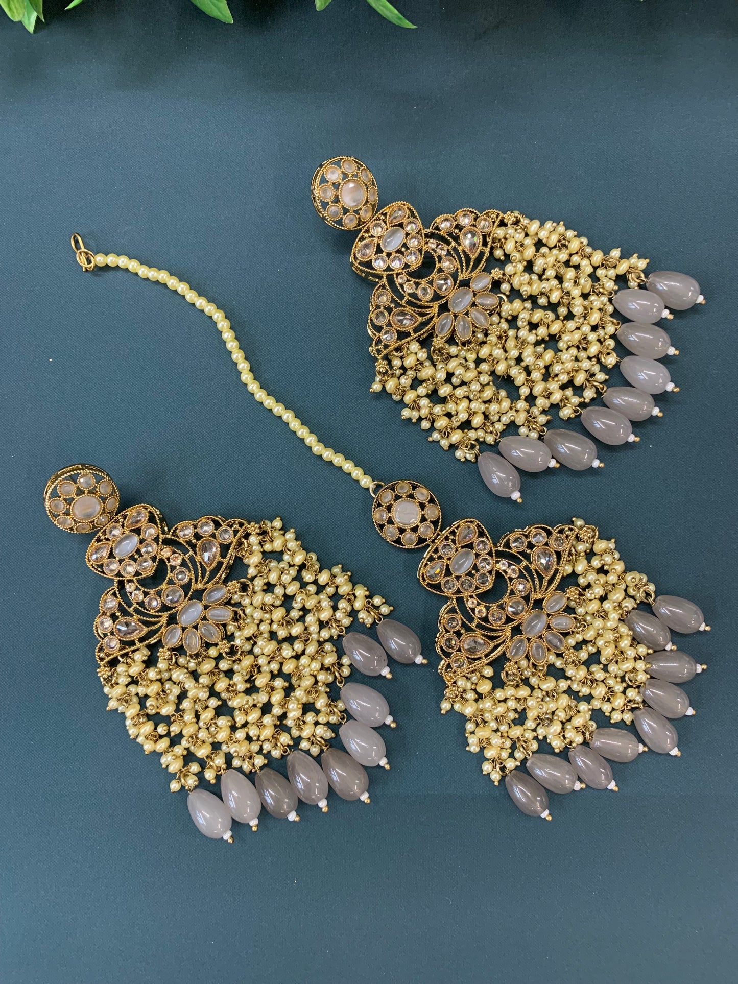Cara statement polki earring tikka set pearl details and grey