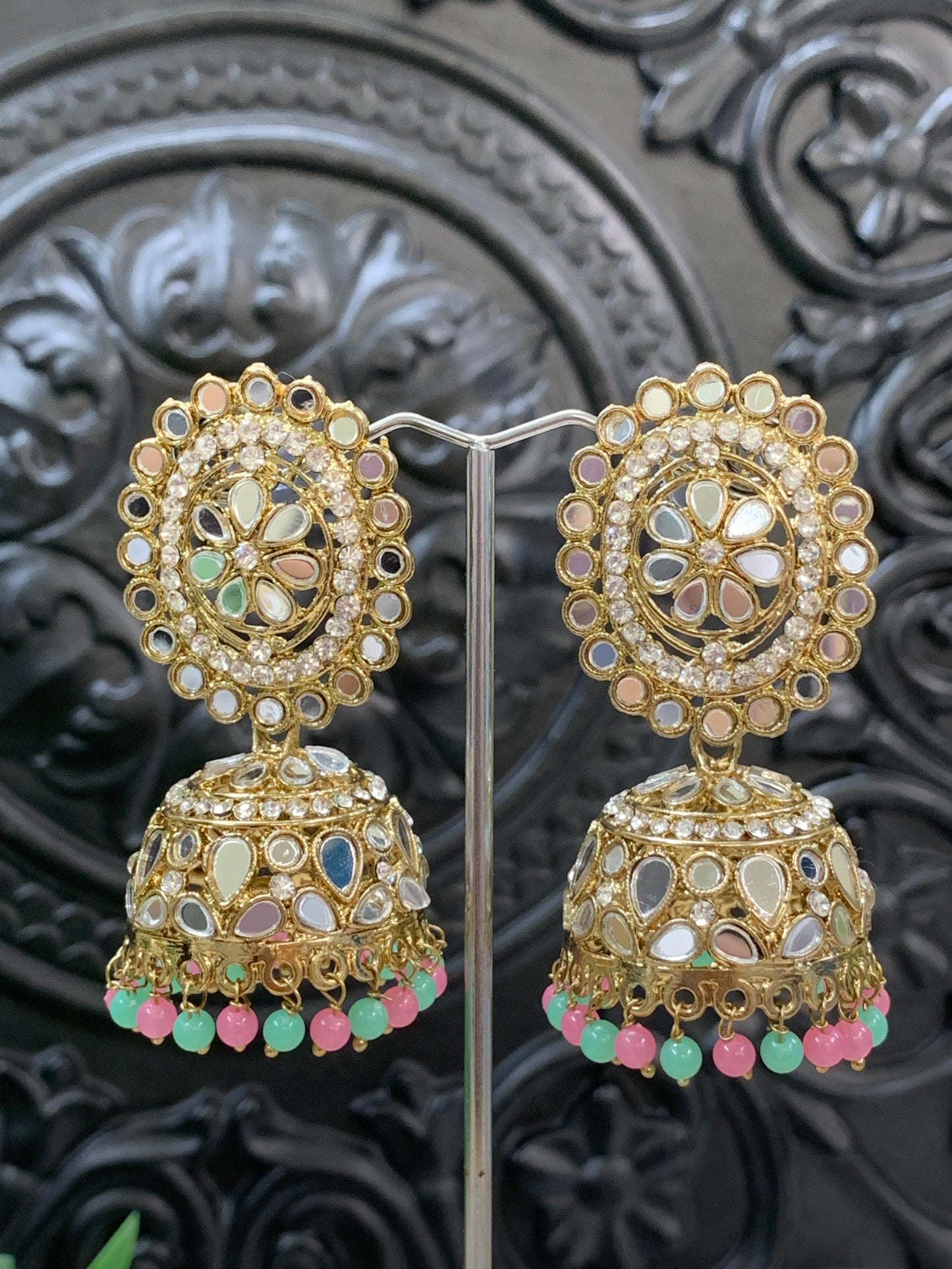 Kate mirror jhumki tikka antique gold pastel multi