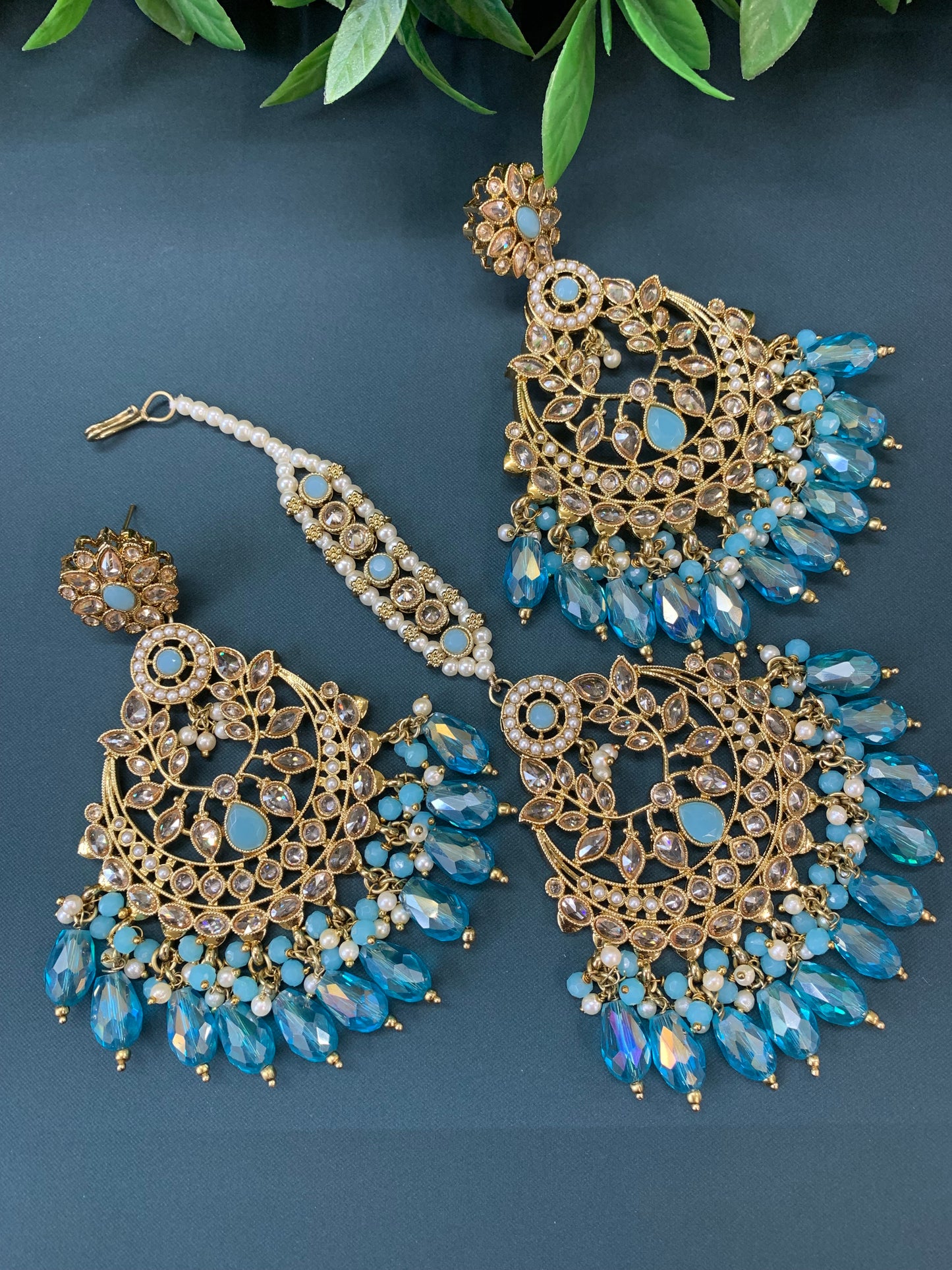 Bulbul polki statement earring tikka set antique gold/ crystal light blue