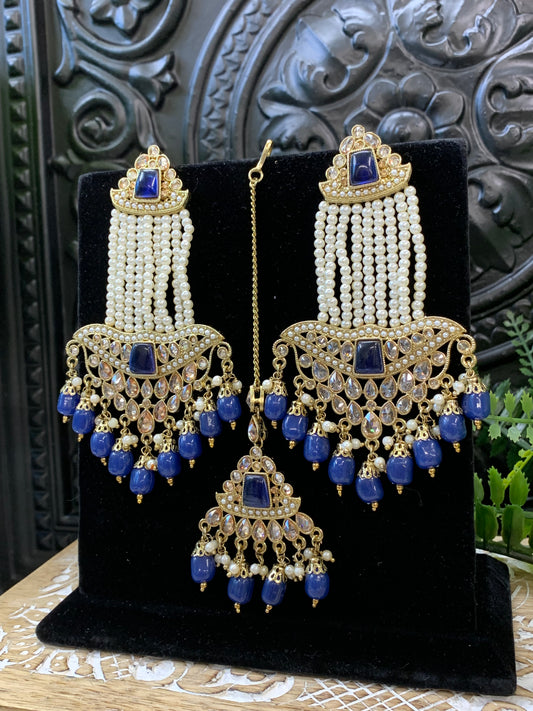 Toma polki earring jhumar style with matching tikka navy blue