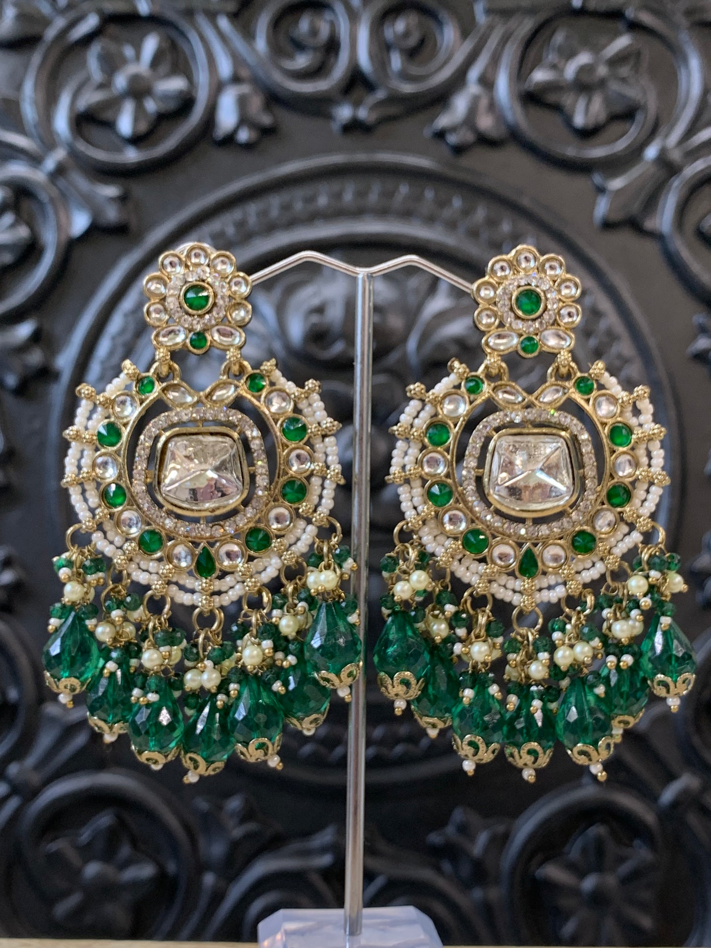 Isabella statement kundan chandbali fashion earring emerald green dark green