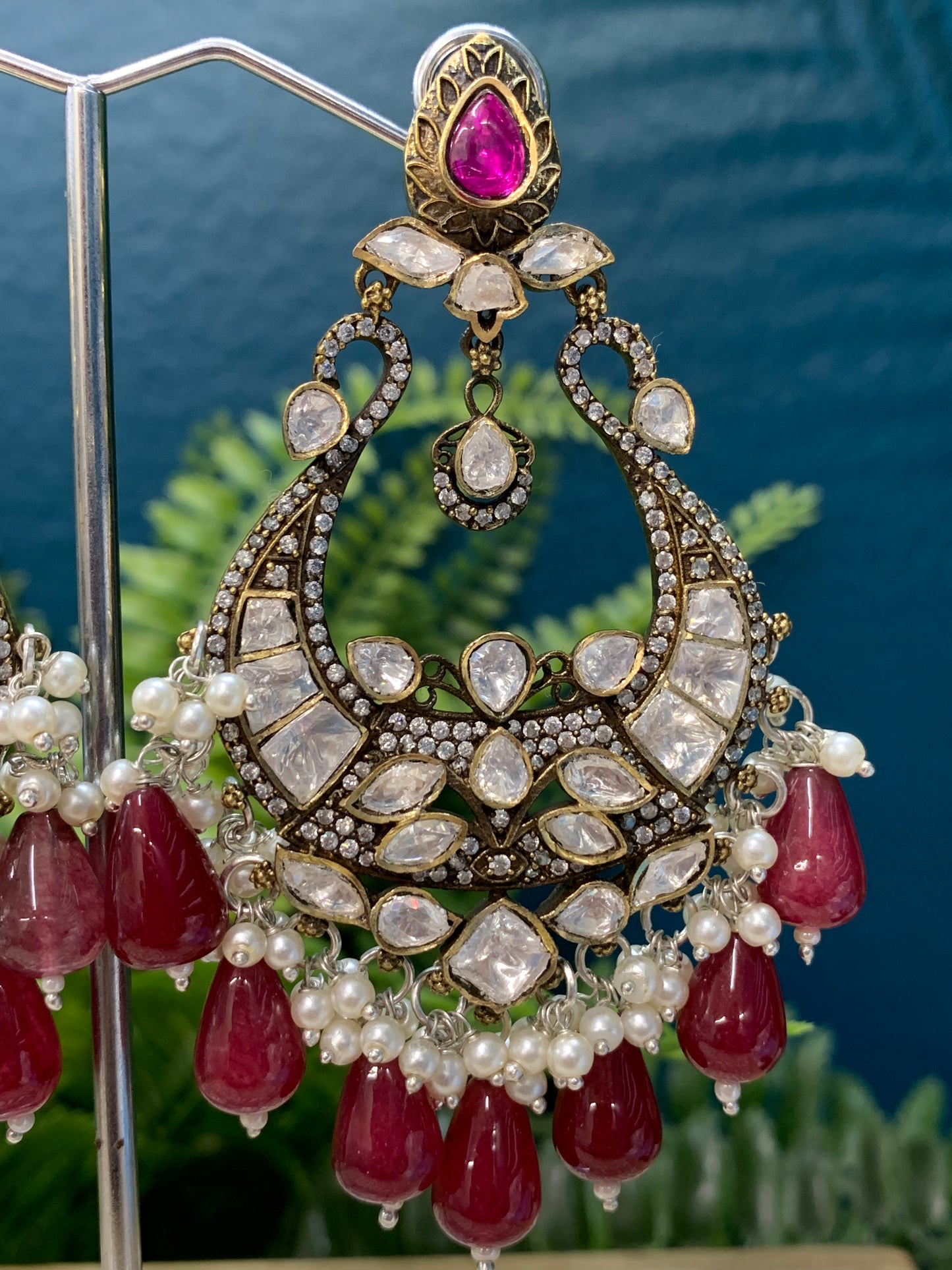 Grmma Mossanite kundan statement jhumki earring with pota stone work
