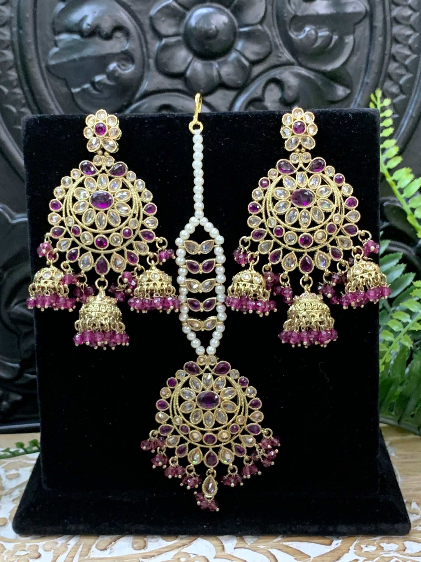 Kiana polki triple jhumki Chandbali style earring with matching tikka purple