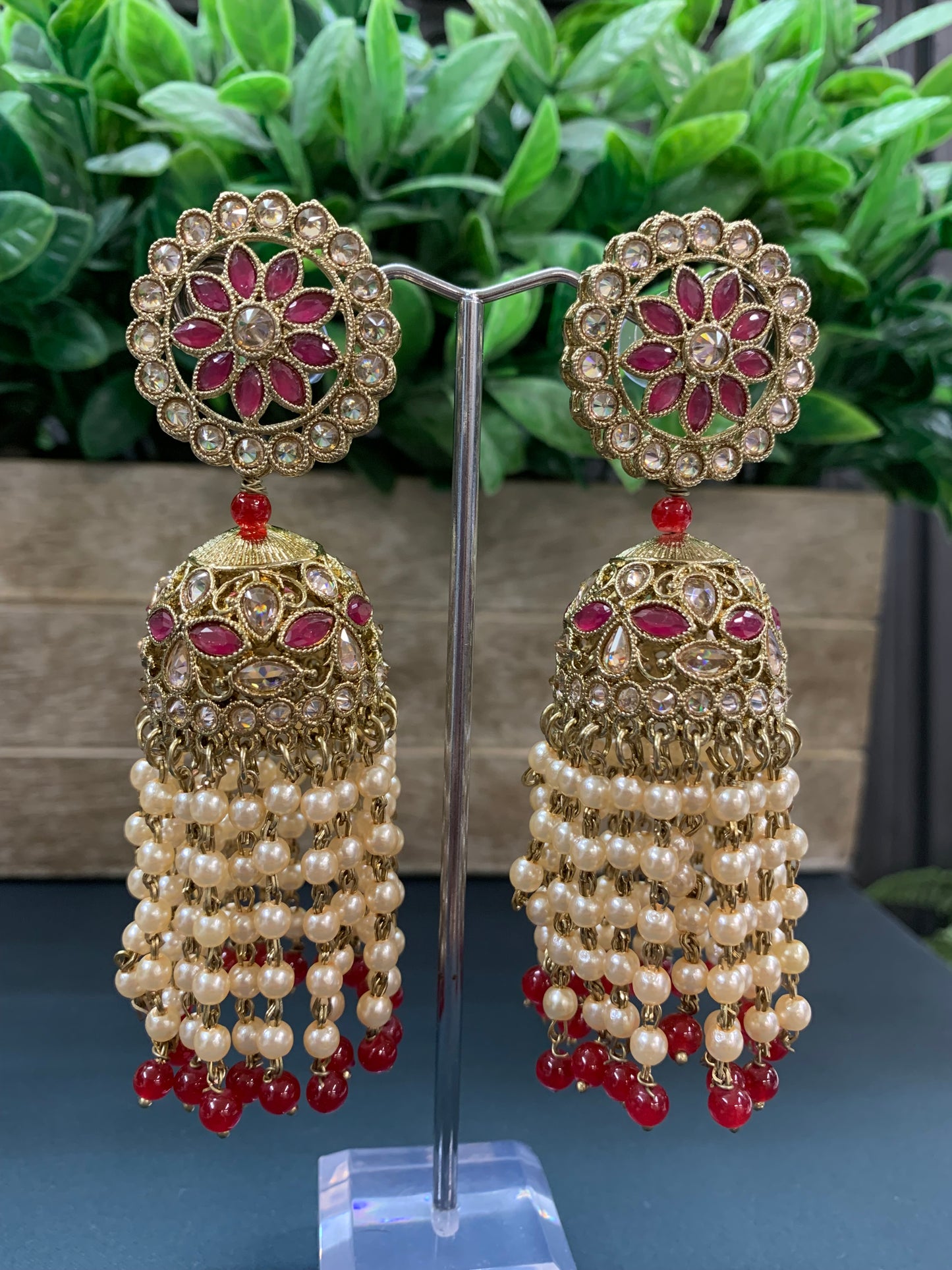 Mohua polki statement jhumki earring antique polki/ Maroon red/ burgundy/pearl