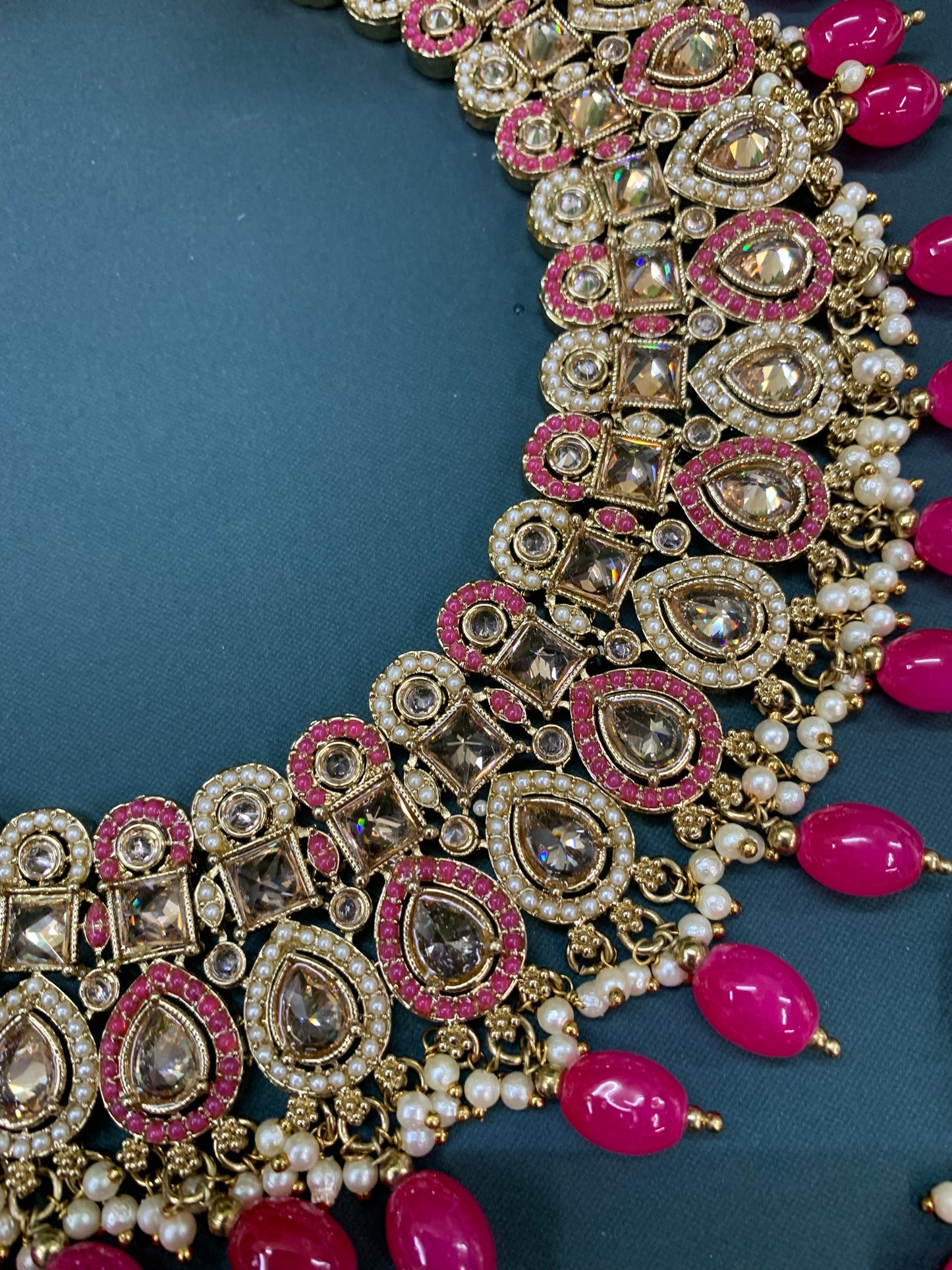 Reagan polki necklace set with matching Chandbali and tikka set gold/white/pearl/ magenta/ pink