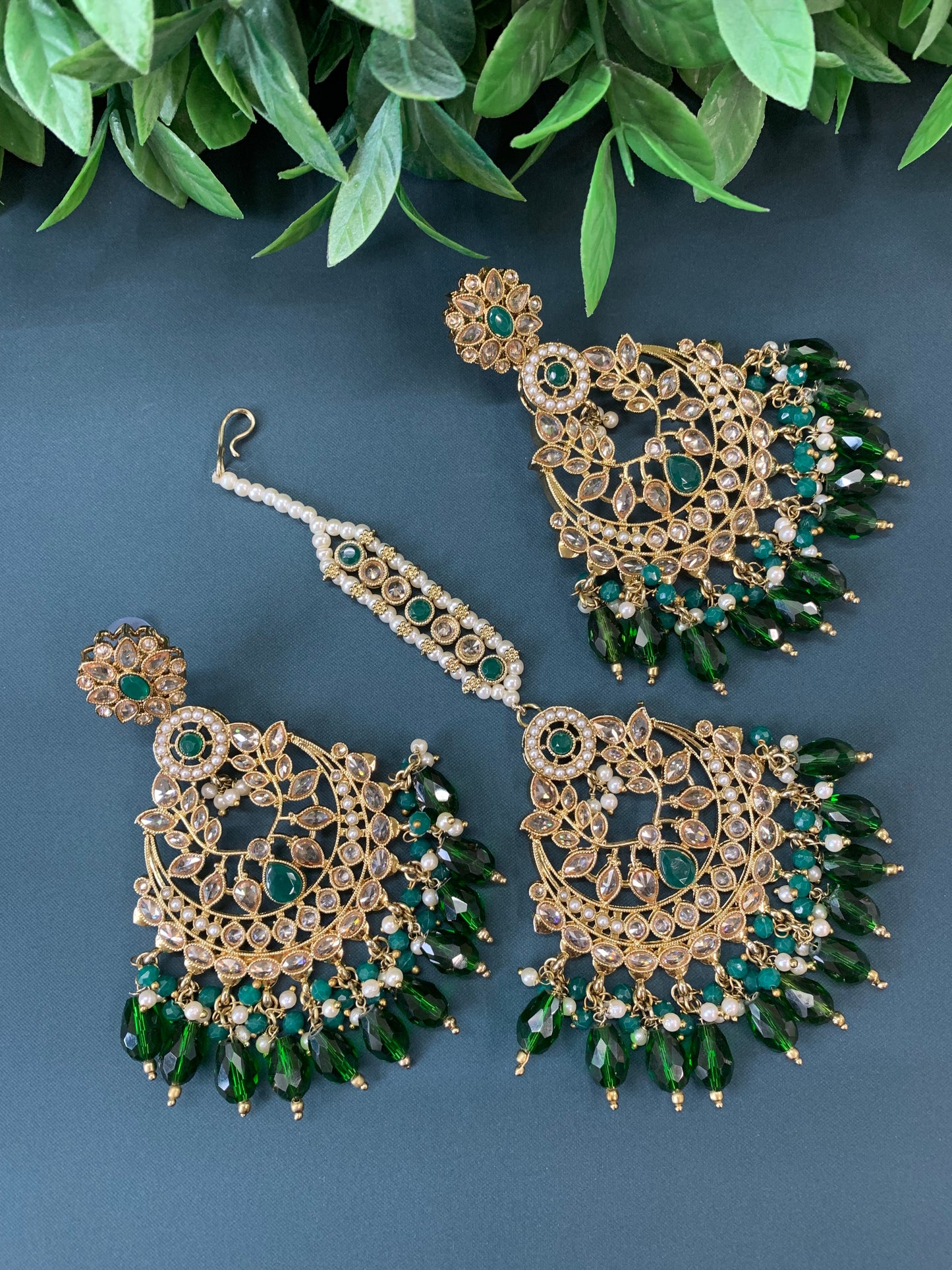 Bulbul polki statement earring tikka set antique gold/ crystal emerald green