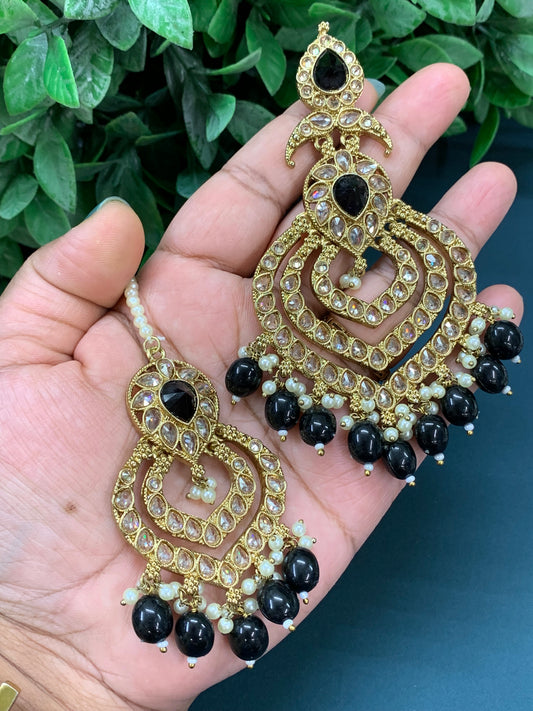 Tara polki Chandbali earring with matching tikka emerald green