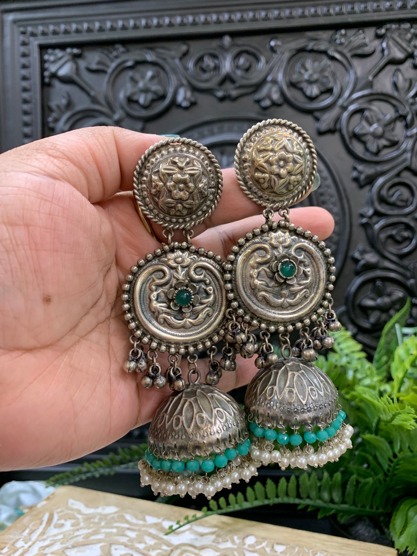 Soni black metal oxi jhumki earring teal