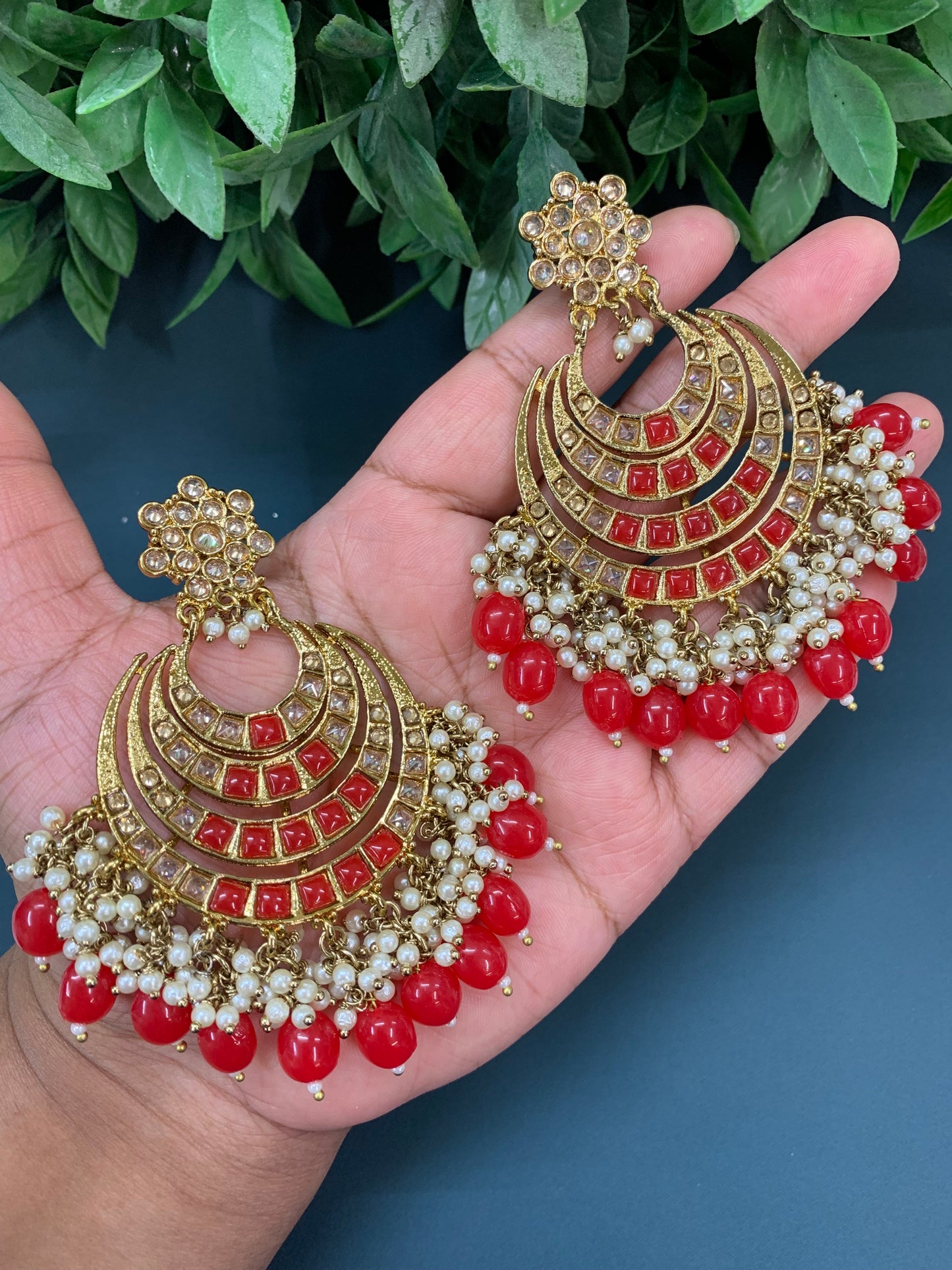 Bloom polki chandbali earring antique/ blood red