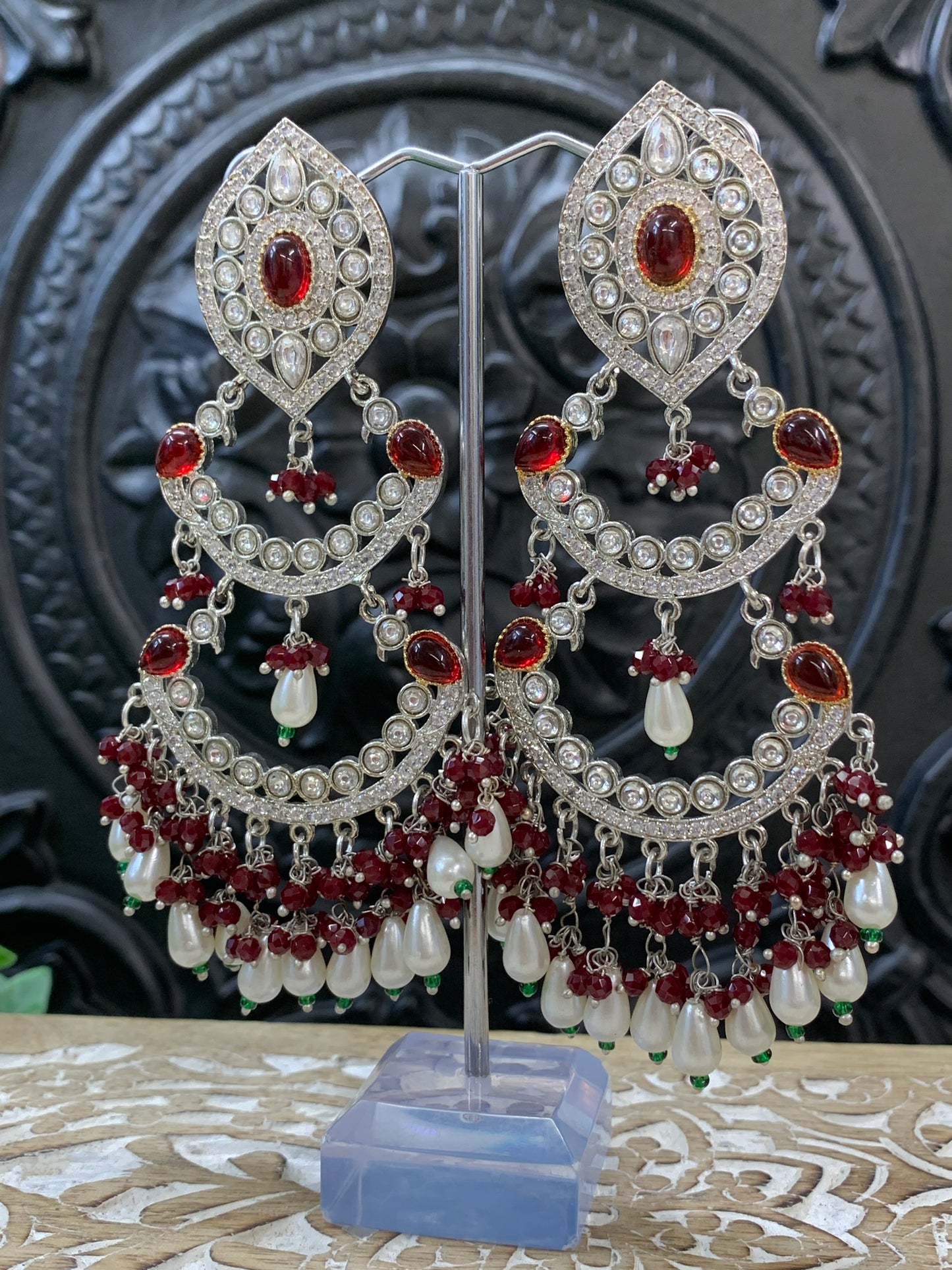 Lauren kundan triple layer chandbali earring maroon/ burgundy