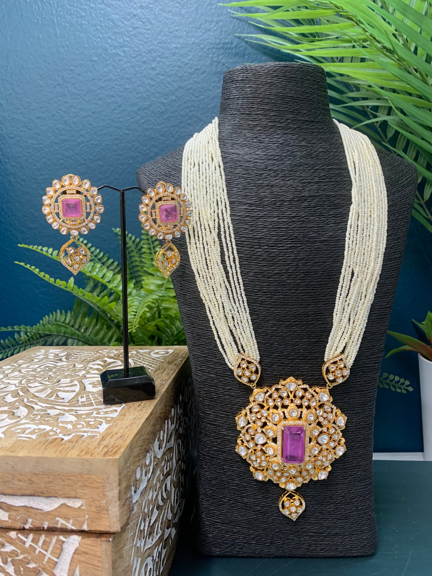 Beth gold plated moissanite kundan mala set