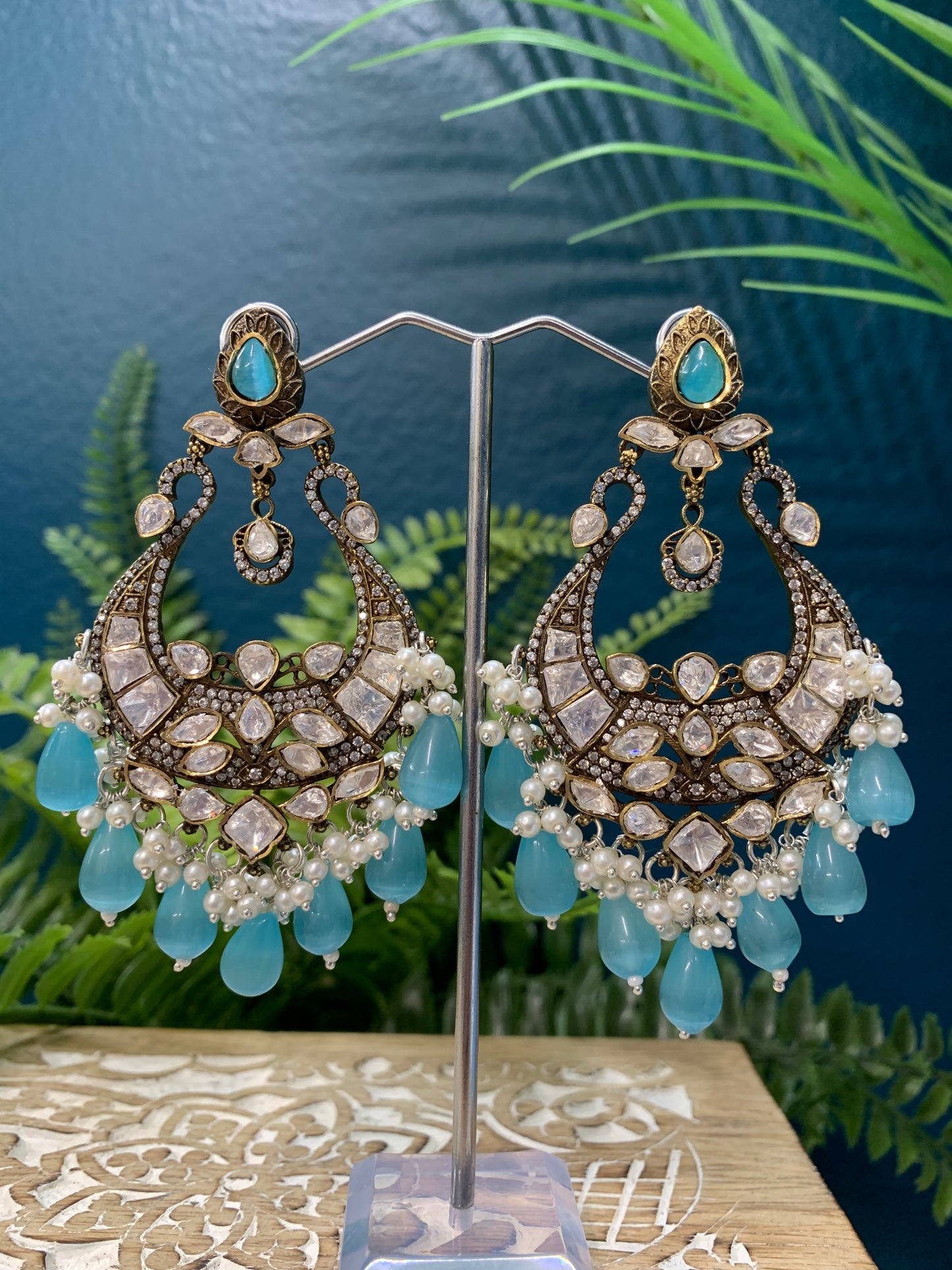 Gemma Mossanite kundan statement jhumki earring with pota stone work