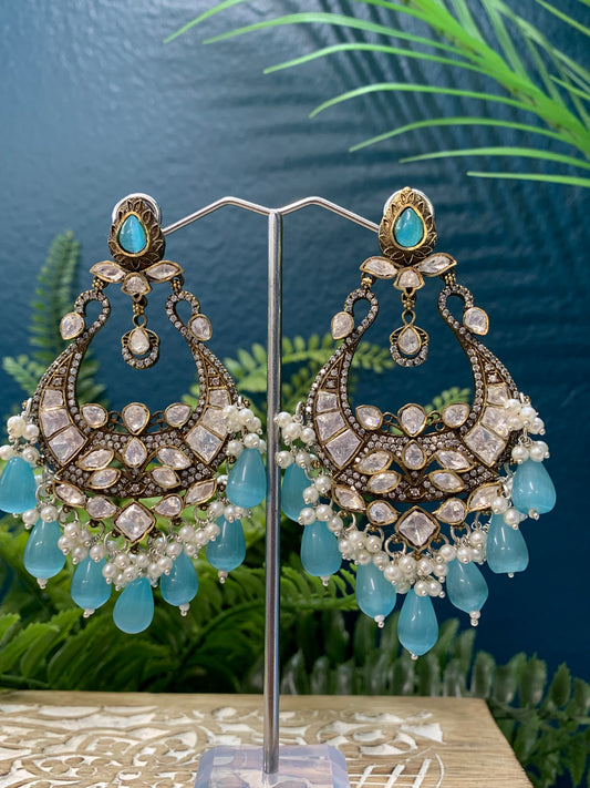 Gemma Mossanite kundan statement jhumki earring with pota stone work