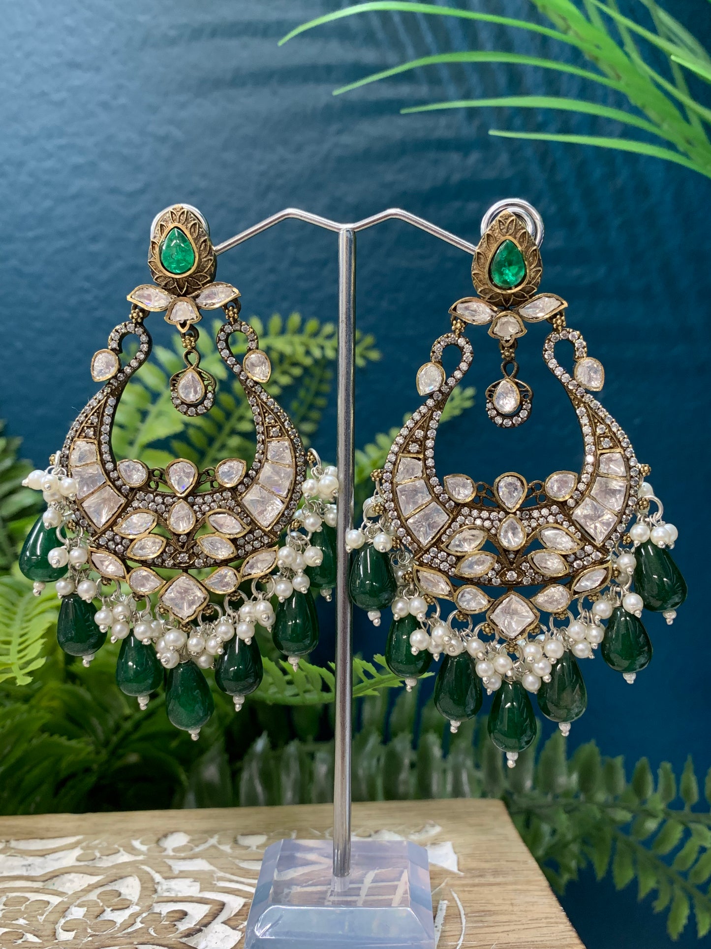 Gemma Mossanite kundan statement jhumki earring with pota stone work