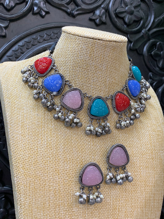 Black metal / German silver / amrapali stone necklace choker