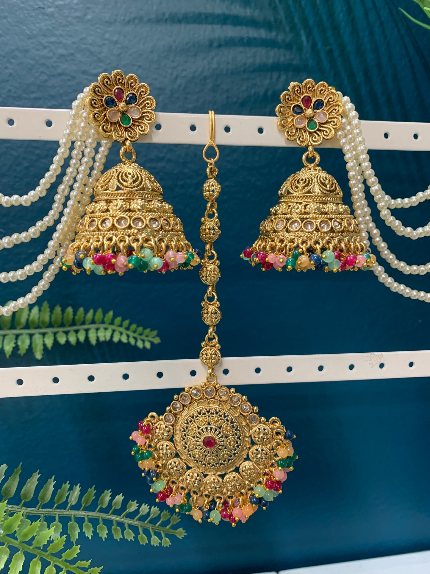 Bahubali style gold multi jhumki tikka with 5 layers of pearl Sahare Harini
