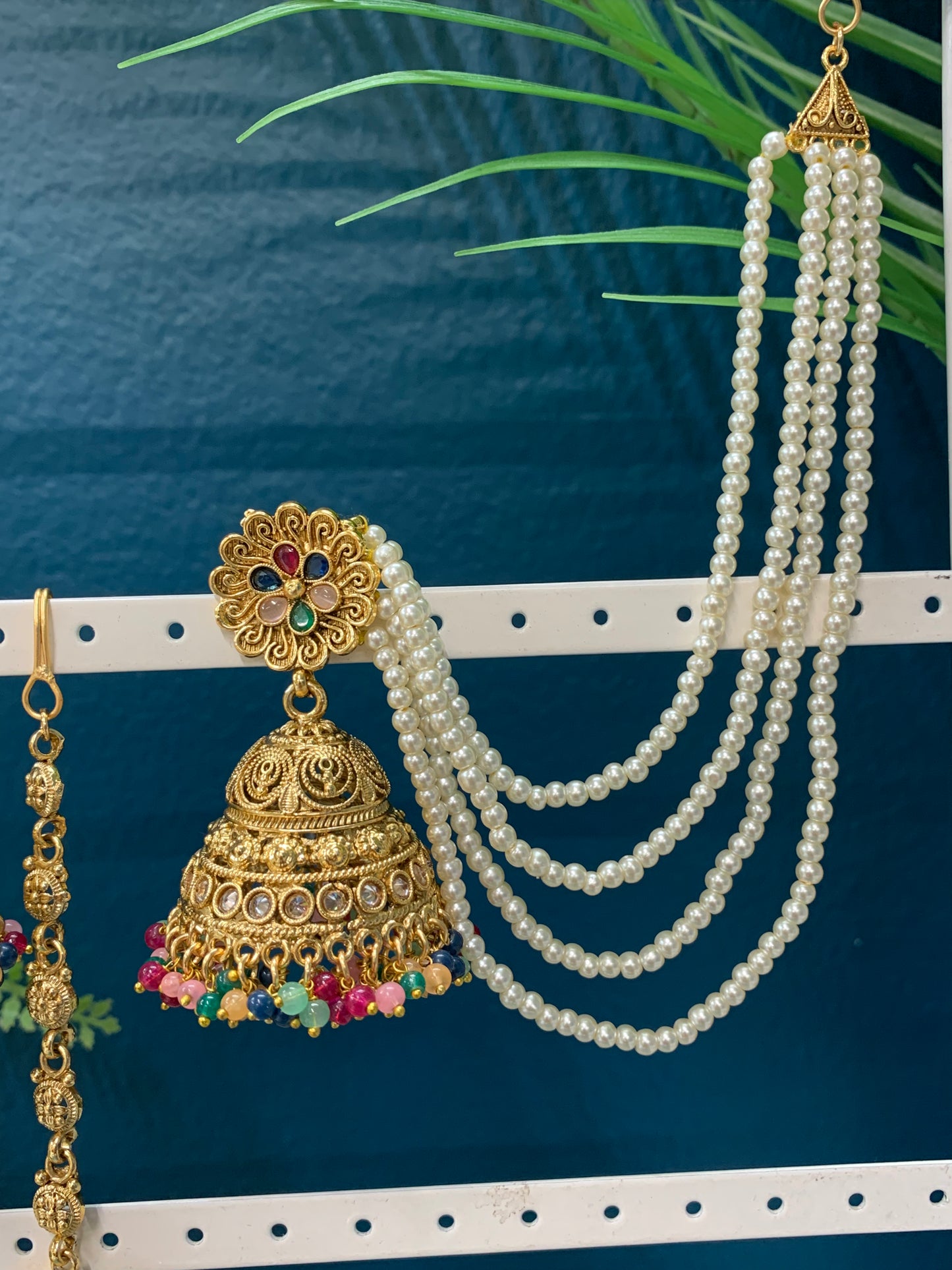 Bahubali style gold multi jhumki tikka with 5 layers of pearl Sahare Harini