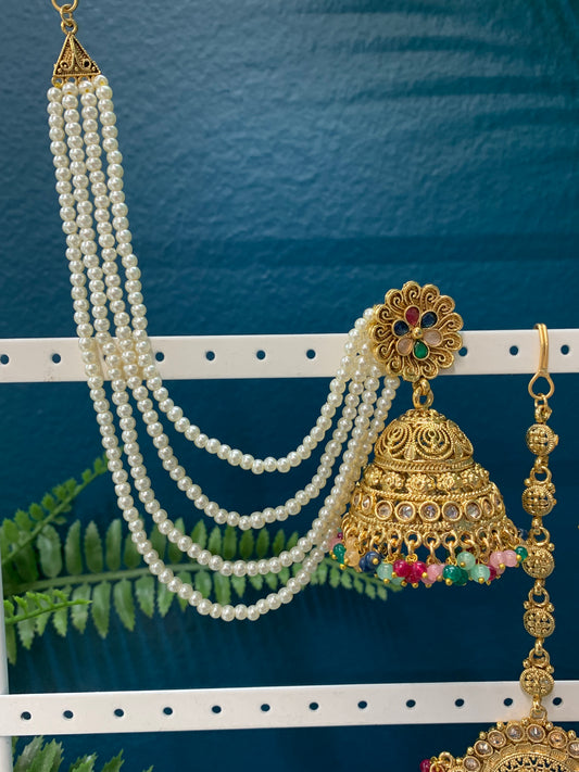 Bahubali style gold multi jhumki tikka with 5 layers of pearl Sahare Harini